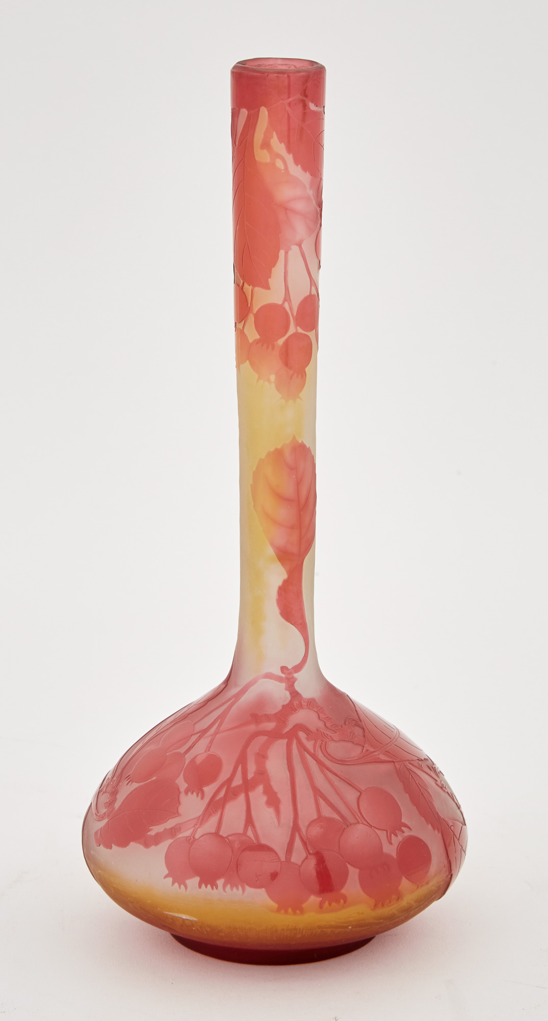 Lot image - Gallé Acid-Etched Leaf and Berry Decorated Cameo Glass Stick Neck Bud Vase