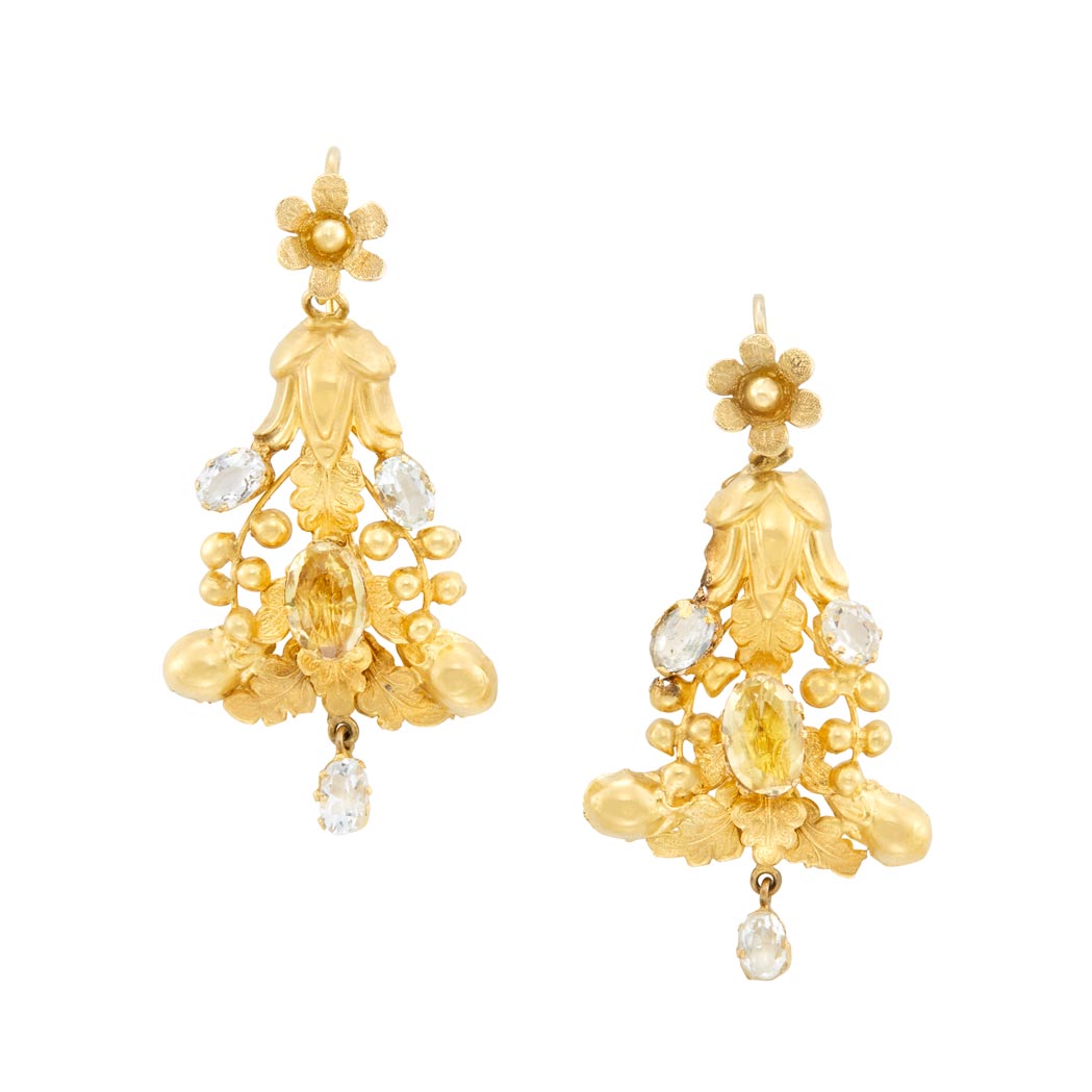 Lot image - Pair of Antique Gold, Aquamarine and Citrine Pendant-Earrings