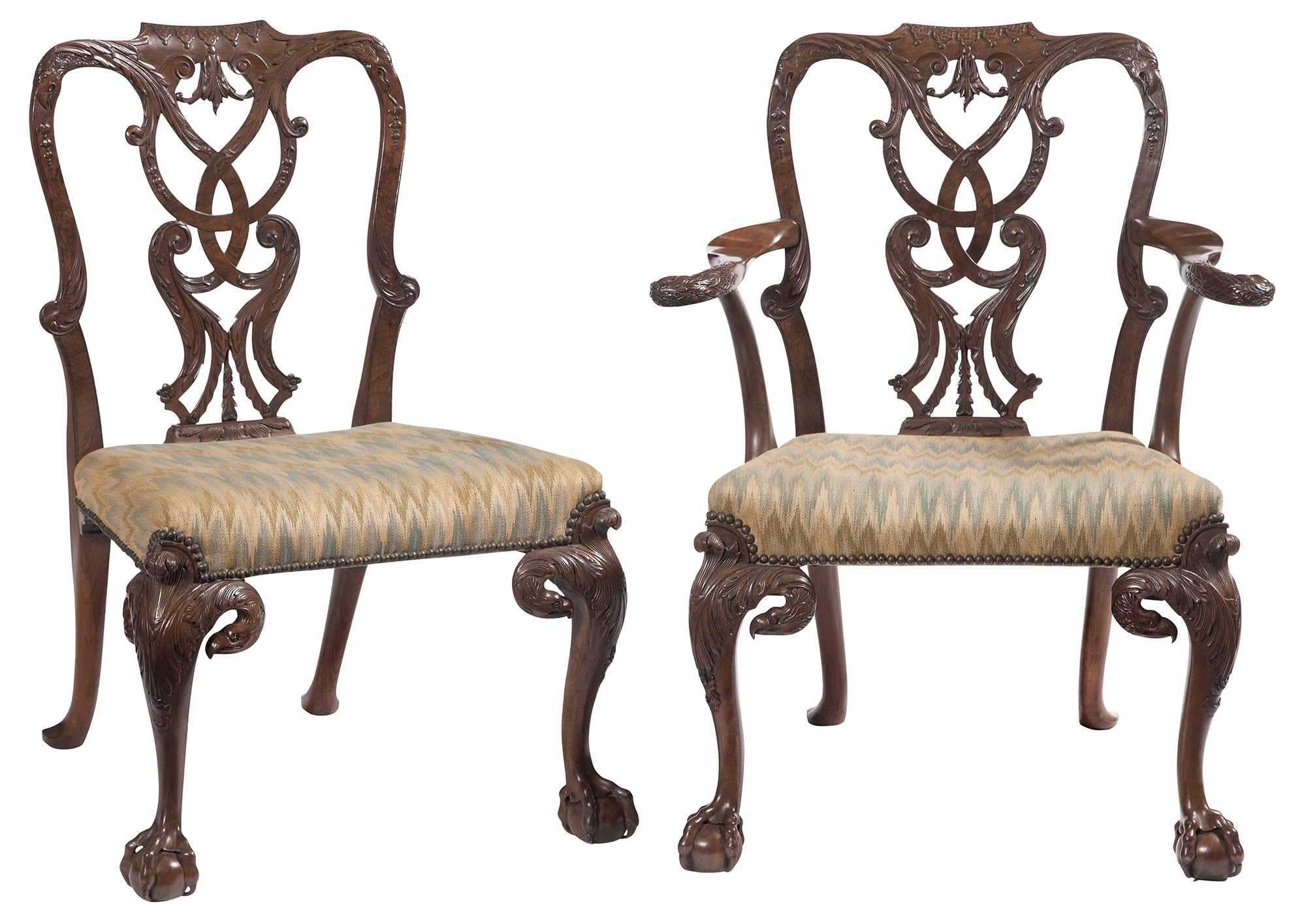 Lot image - George II Style Walnut Armchair and Side Chair En Suite