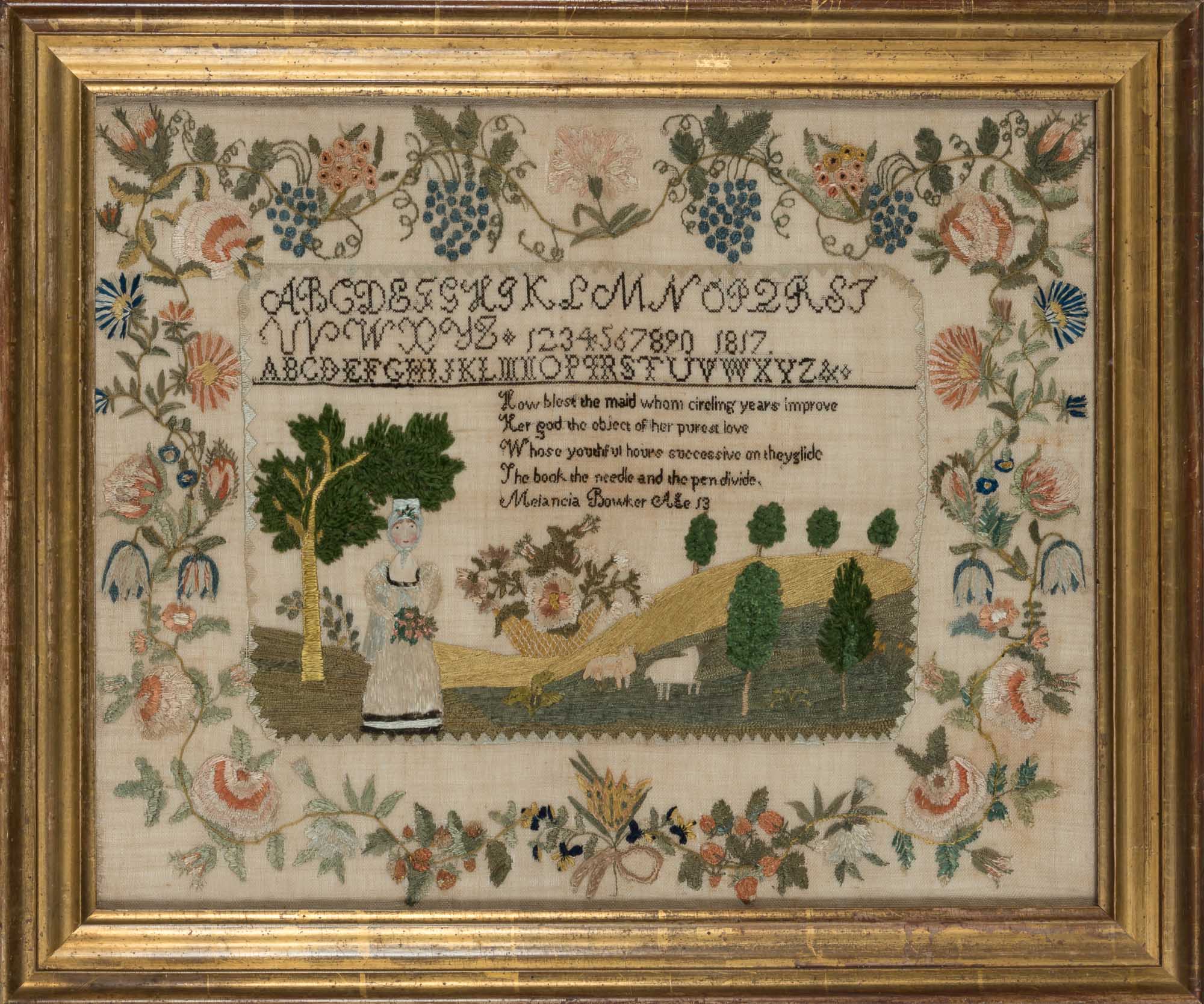 Lot image - Silk-Chenille, Metallic Thread and Paper on Linen Pictorial Sampler