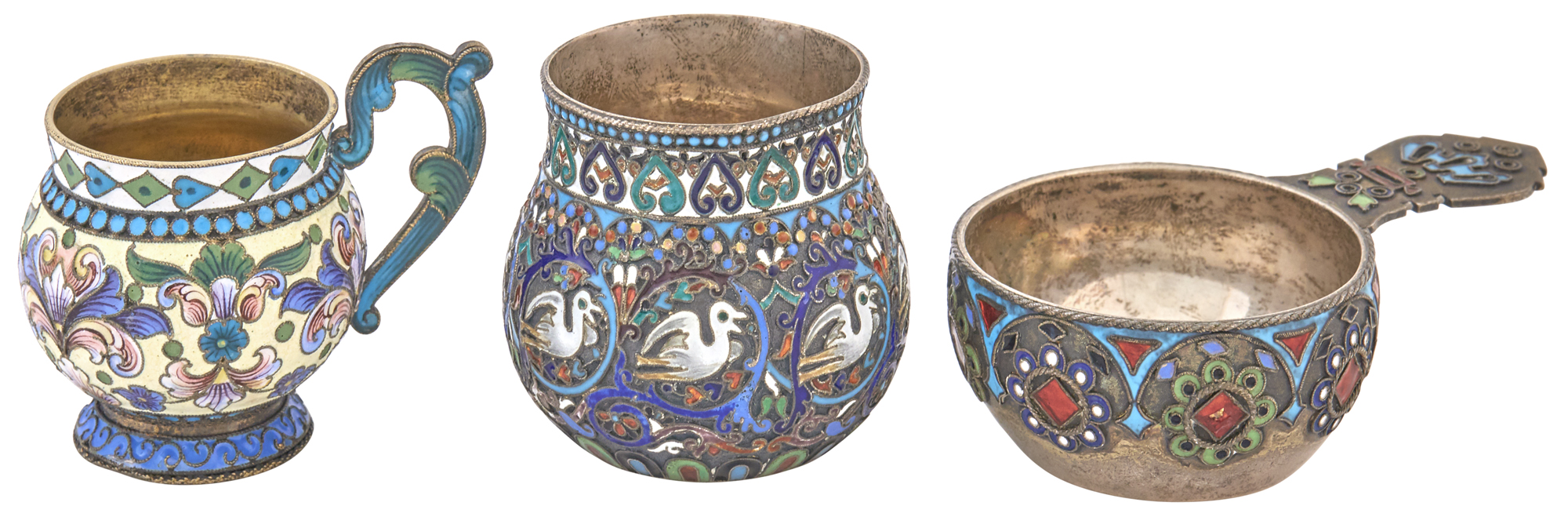 Lot image - Russian Silver-Gilt, Cloisonné and Champlevé Enamel Handled Cup, Charka and Small Bowl