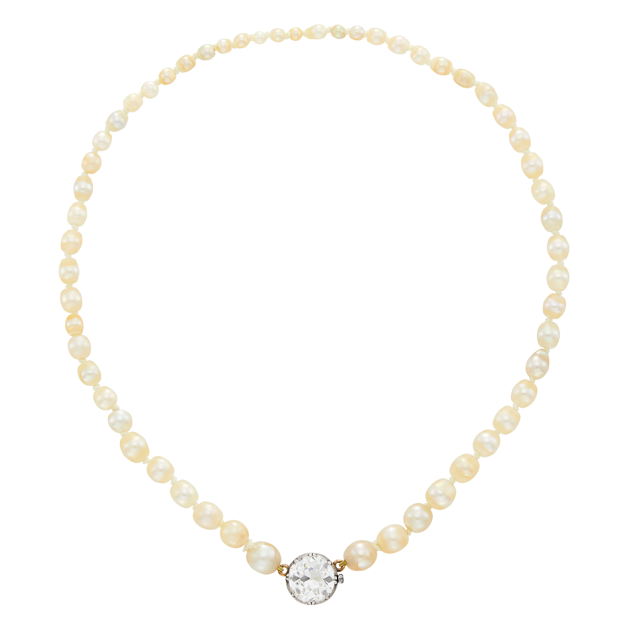 Lot image - Pearl Necklace with Antique Silver, Gold and Diamond Clasp