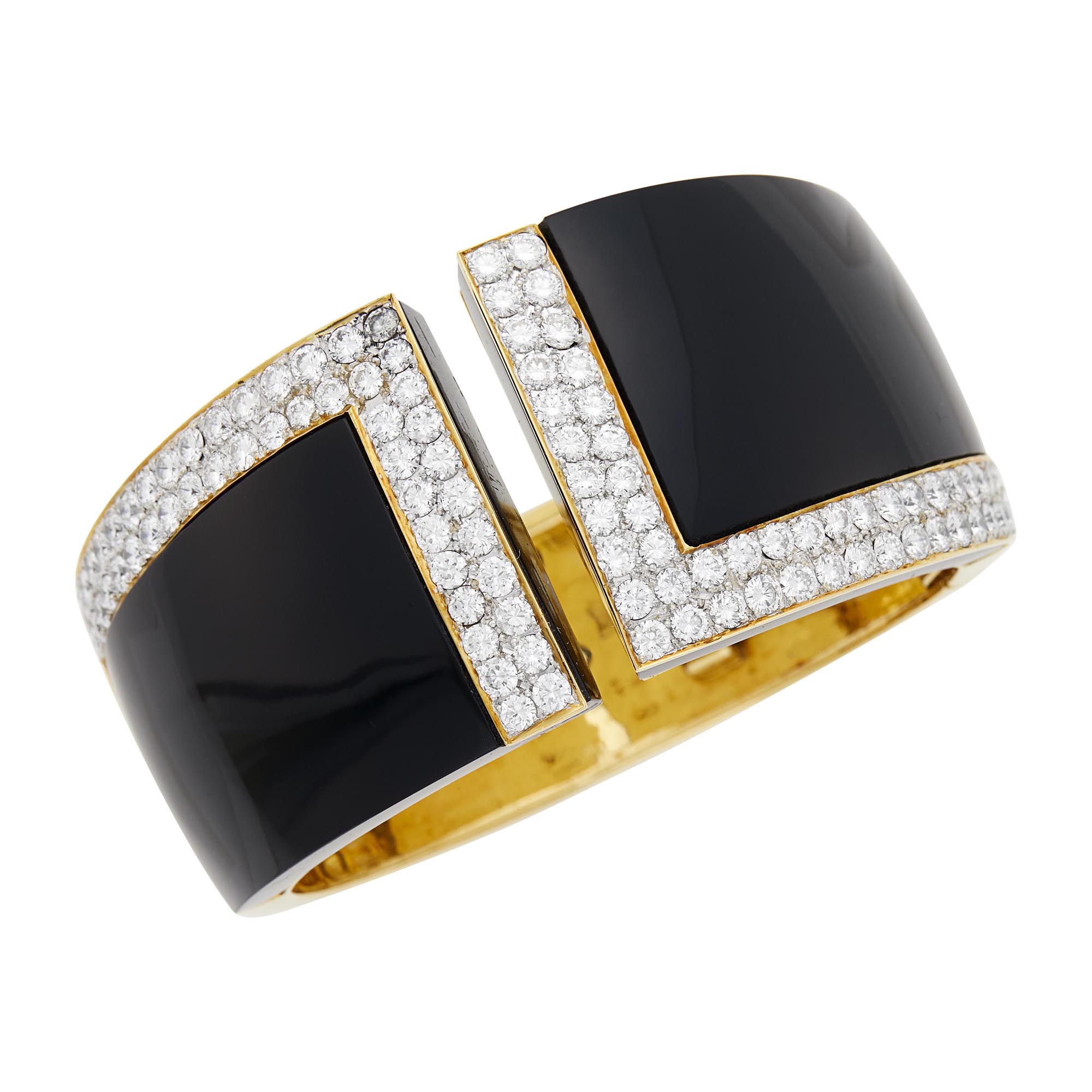 Lot image - Two-Color Gold, Black Onyx and Diamond Cuff Bangle Bracelet
