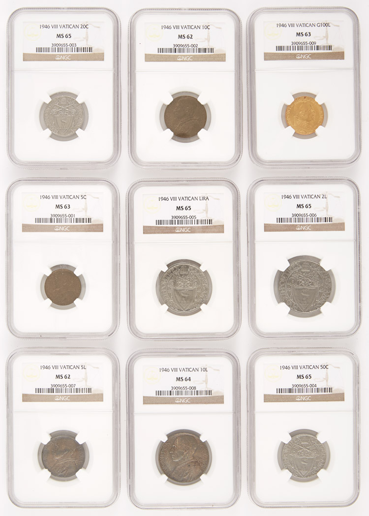 Lot image - Vatican City 1946 5 Cent to 100 Lire Type Set