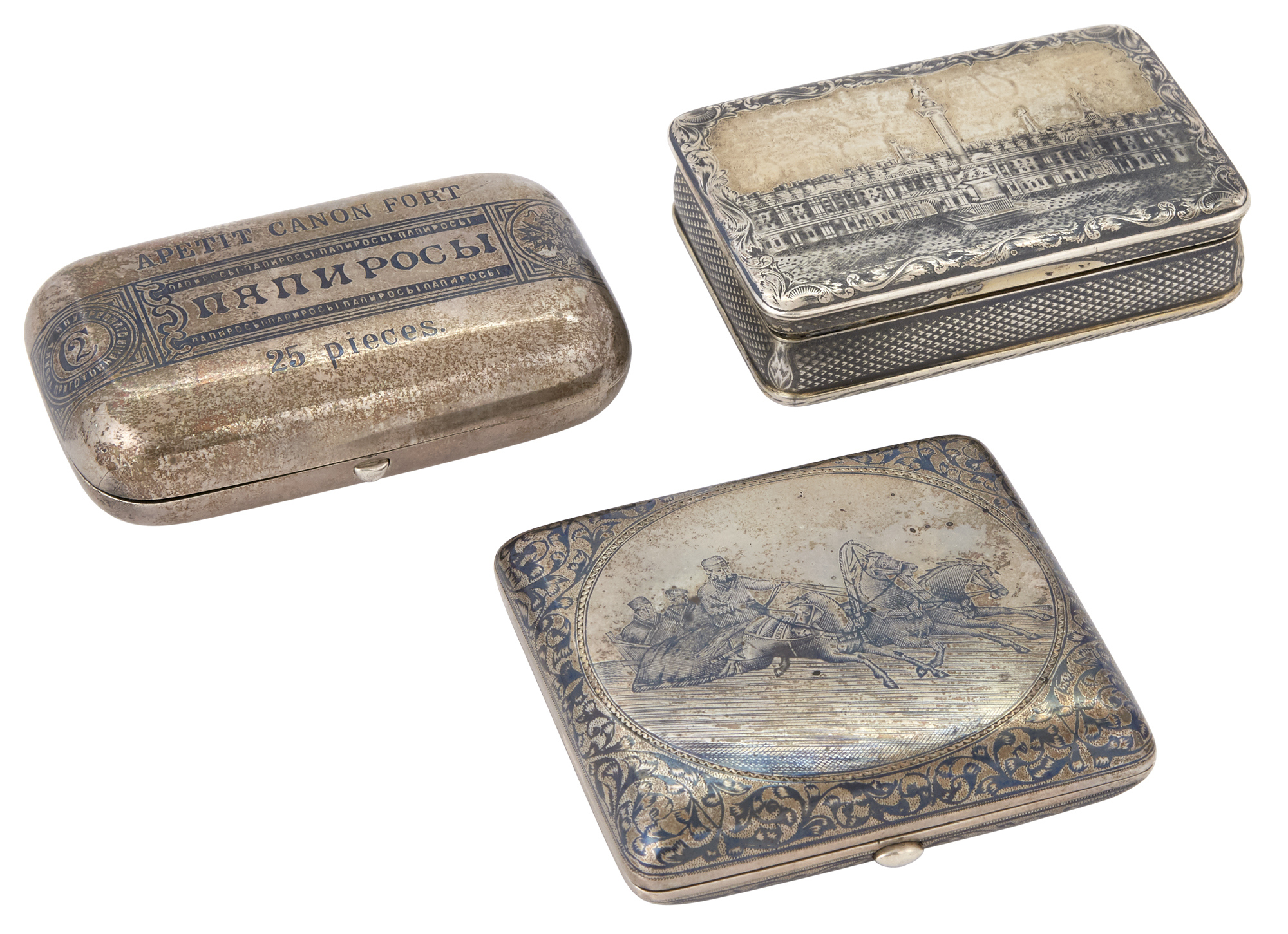 Lot image - Russian Silver-Gilt and Niello Snuff Box and Two Cigarette Cases