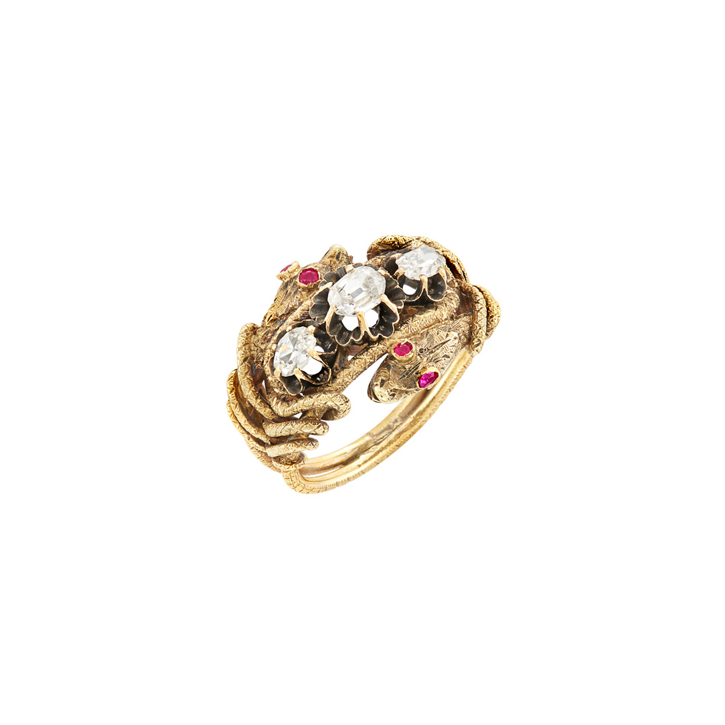 Lot image - Antique Gold, Ruby and Diamond Double Snake Ring