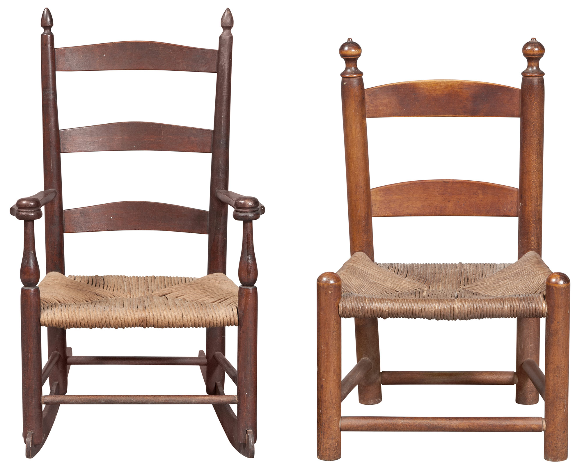 Lot image - Shaker Type Slat Back Rush Seat Childs Rocking Armchair; Together with a Slat Back Rush Seat Childs Side Chair