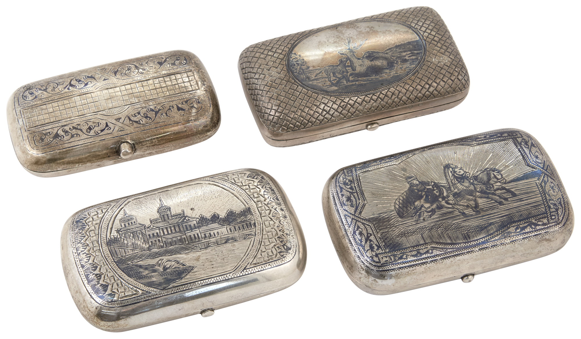 Lot image - Group of Four Russian Silver and Niello Cigarette Cases