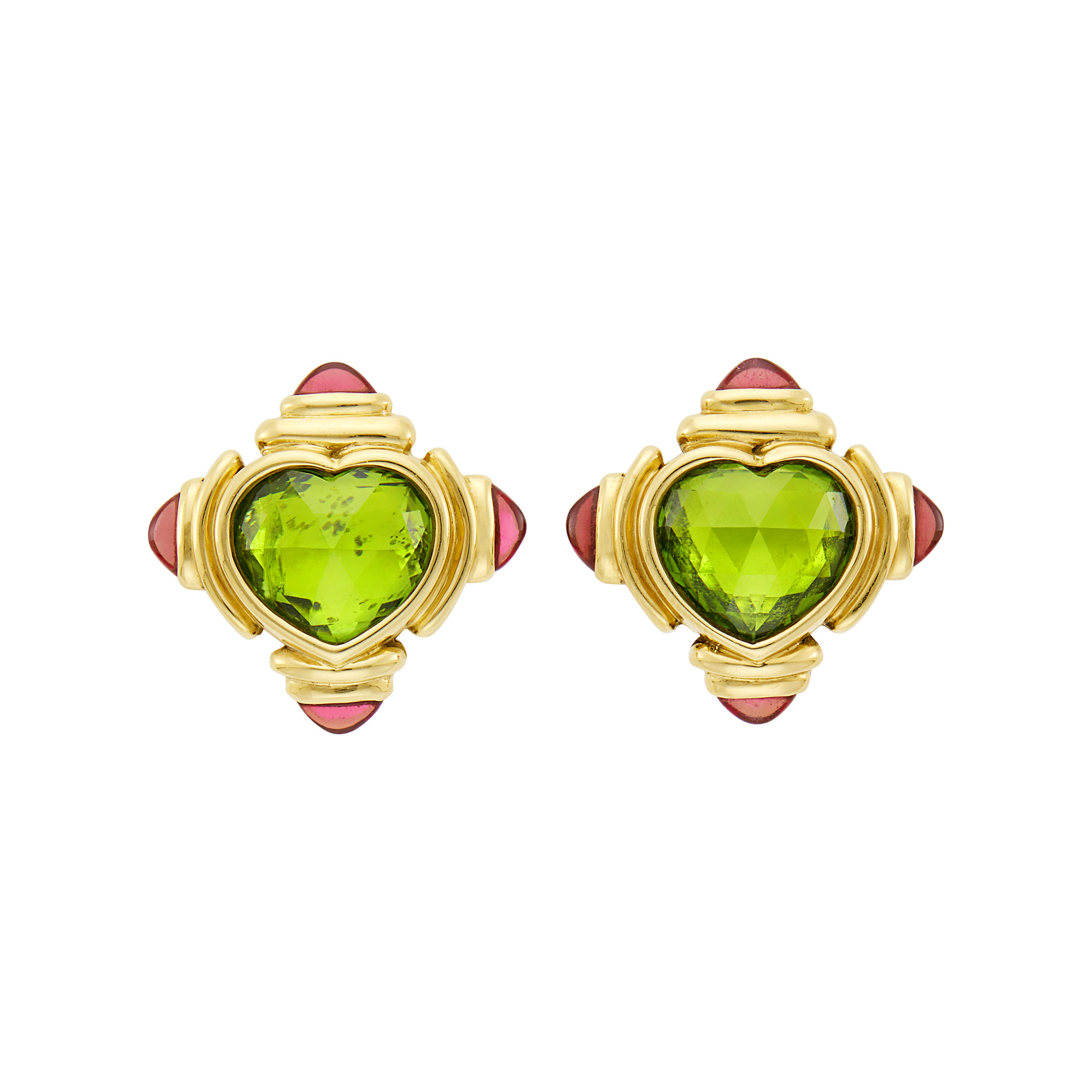 Lot image - Bulgari Pair of Gold, Peridot and Cabochon Rubellite Earclips