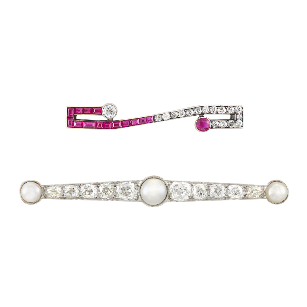 Lot image - Two Antique Platinum, Silver-Topped Gold, Diamond, Split Pearl, Ruby and Synthetic Ruby Brooches
