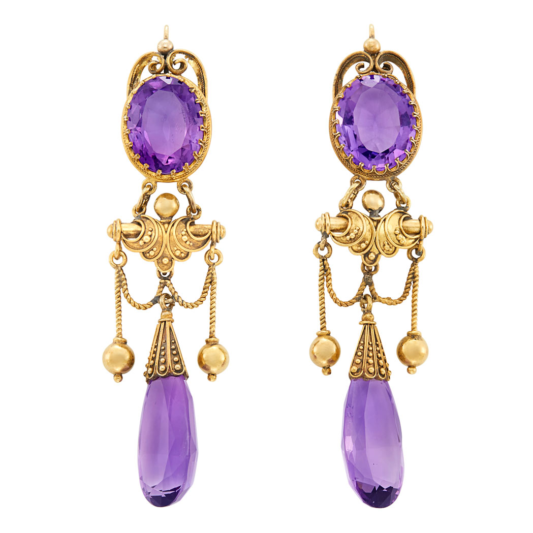 Lot image - Pair of Antique Gold and Amethyst Pendant-Earrings
