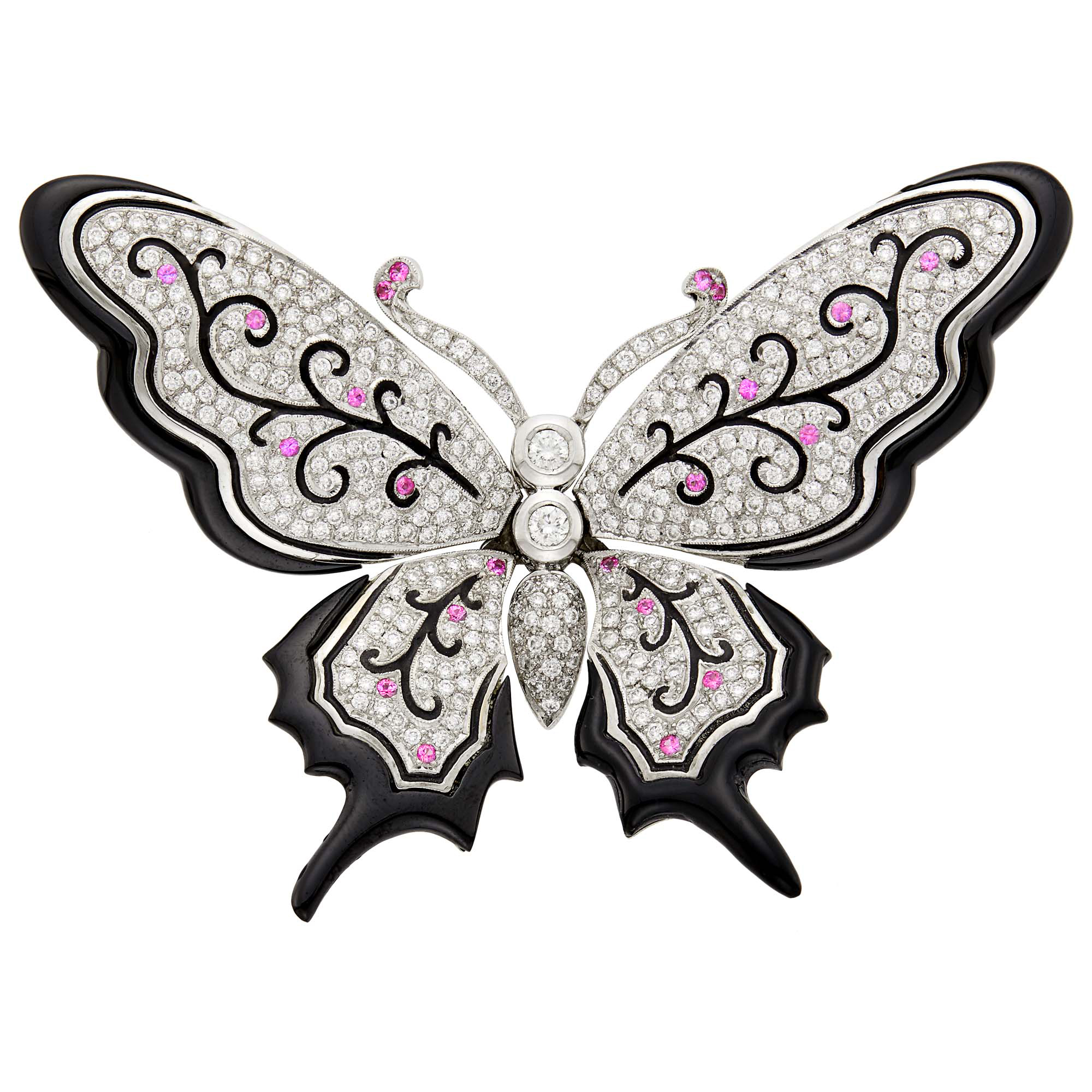 Lot image - White Gold, Diamond, Pink Sapphire and Black Onyx En Tremblant Butterfly Clip-Brooch