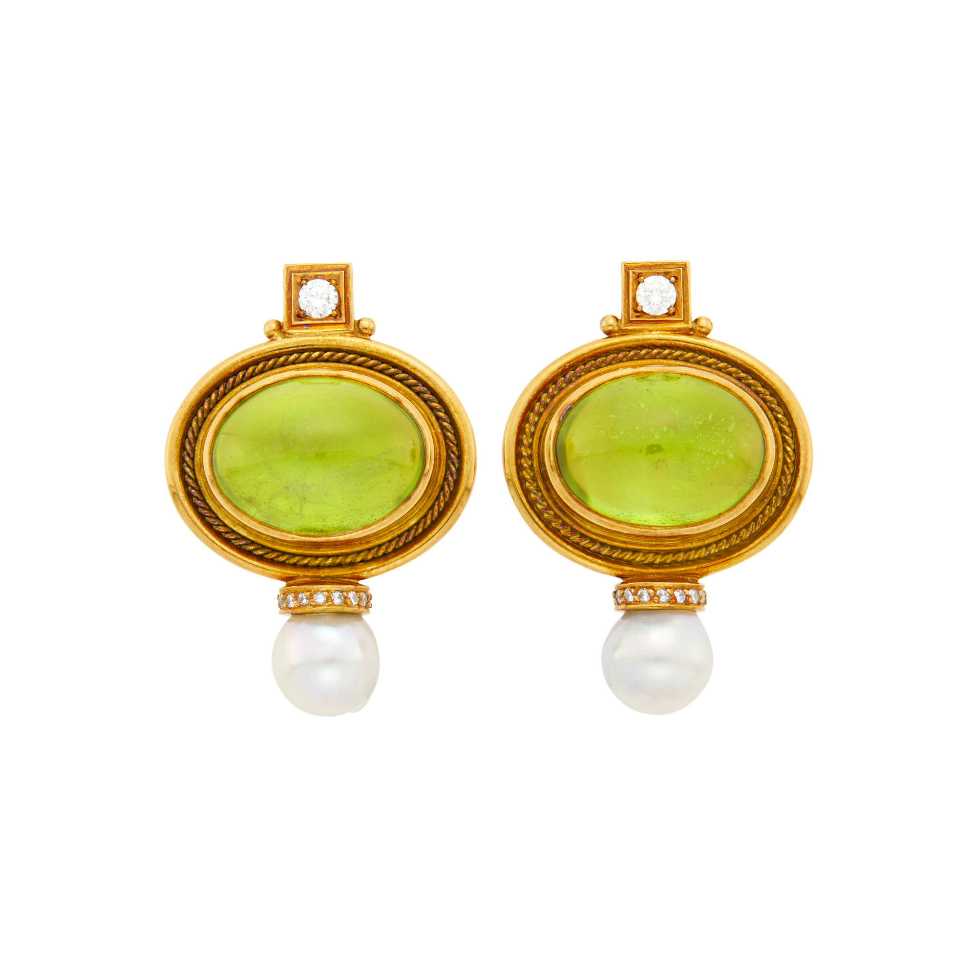 Lot image - Elizabeth Gage Pair of Gold, Cabochon Peridot, Mother-of-Pearl, Semi-Baroque Cultured Pearl and Diamond Earclips