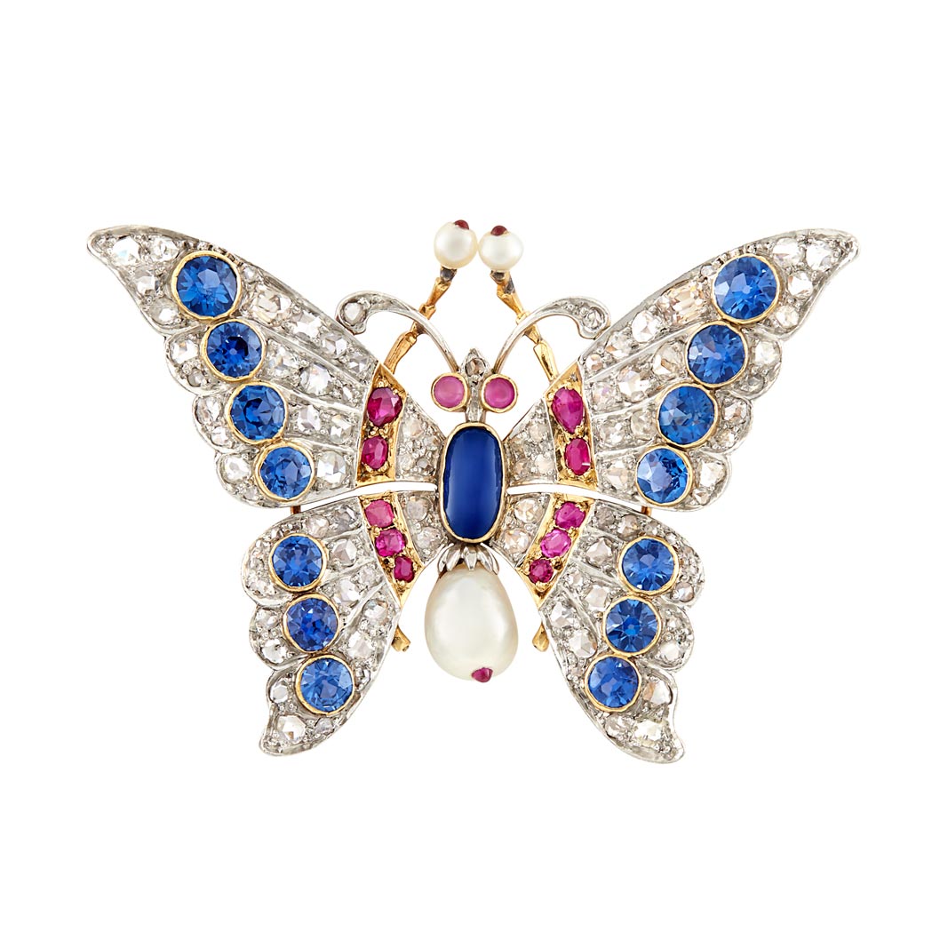 Lot image - Antique Platinum-Topped Gold, Gem-Set, Diamond and Pearl Butterfly Brooch, Schumann Sons