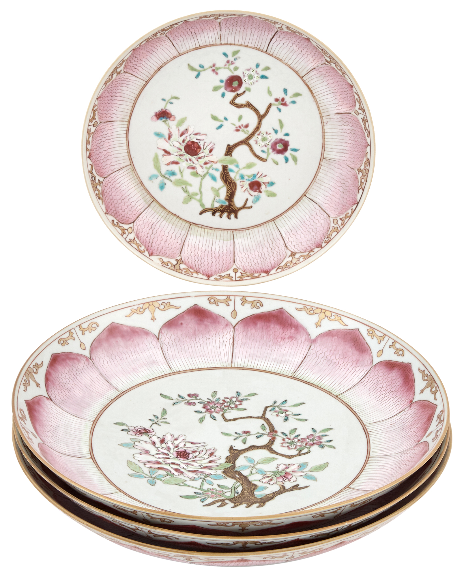 Lot image - Set of Three Chinese Export Porcelain Lotus Dishes