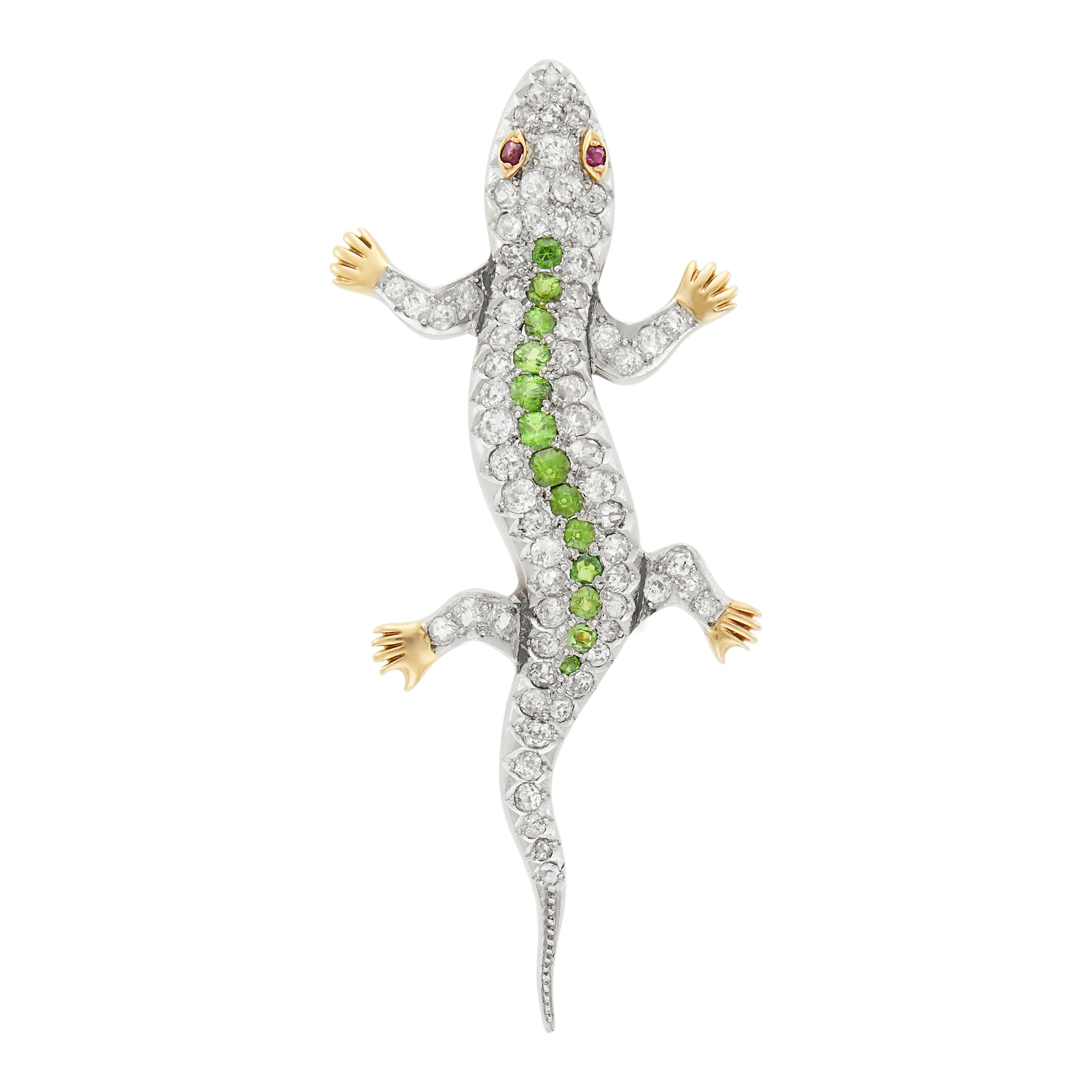 Lot image - Antique Gold, Platinum, Emerald, Demantoid Garnet and Diamond Lizard Brooch