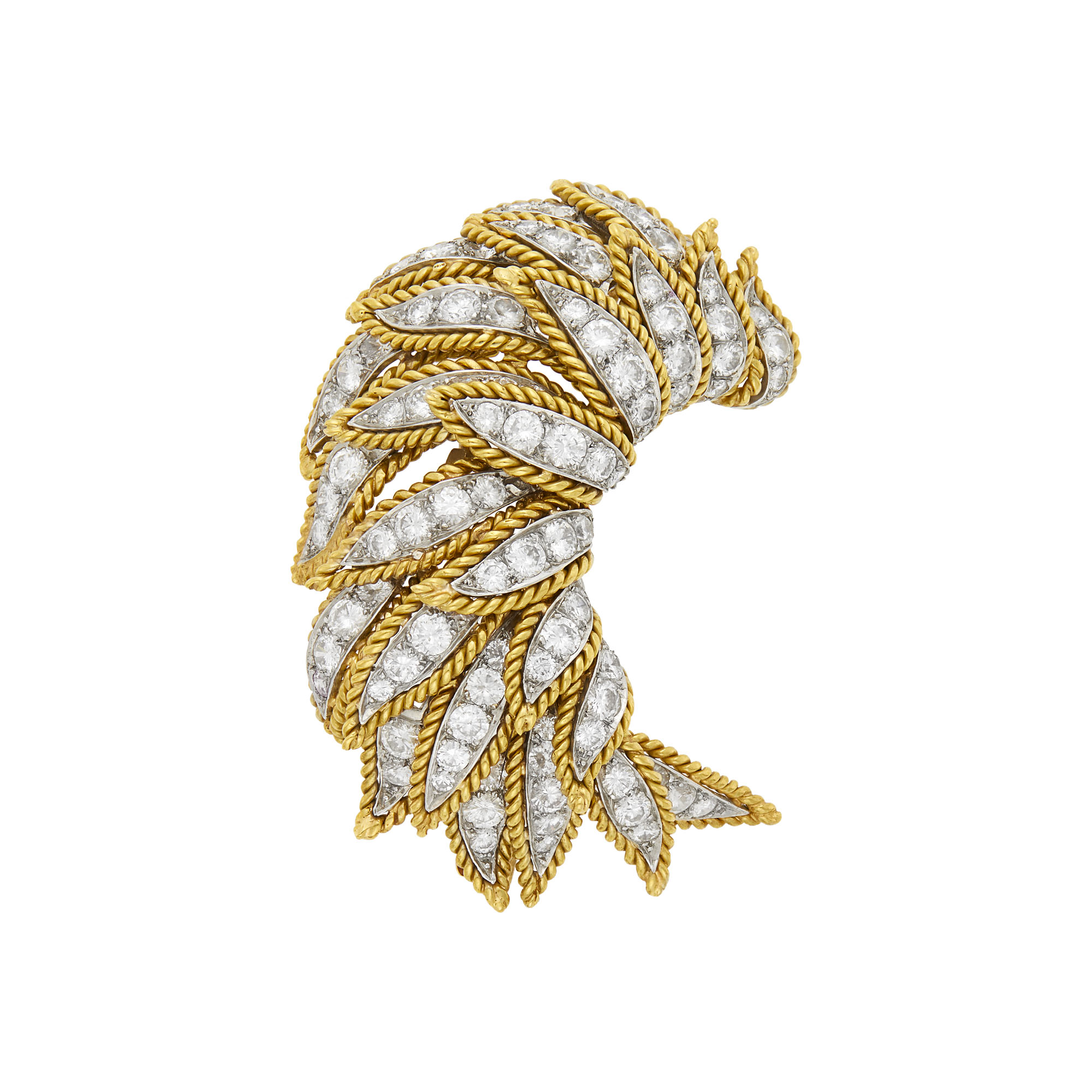 Lot image - Gold, Platinum and Diamond Crescent Clip-Brooch