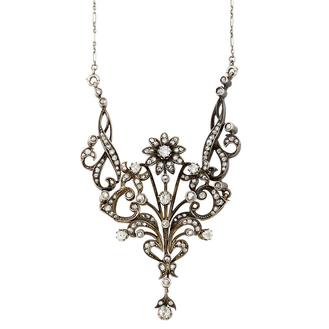 Lot image - Antique Silver-Topped Gold, Platinum and Diamond Pendant-Brooch Necklace