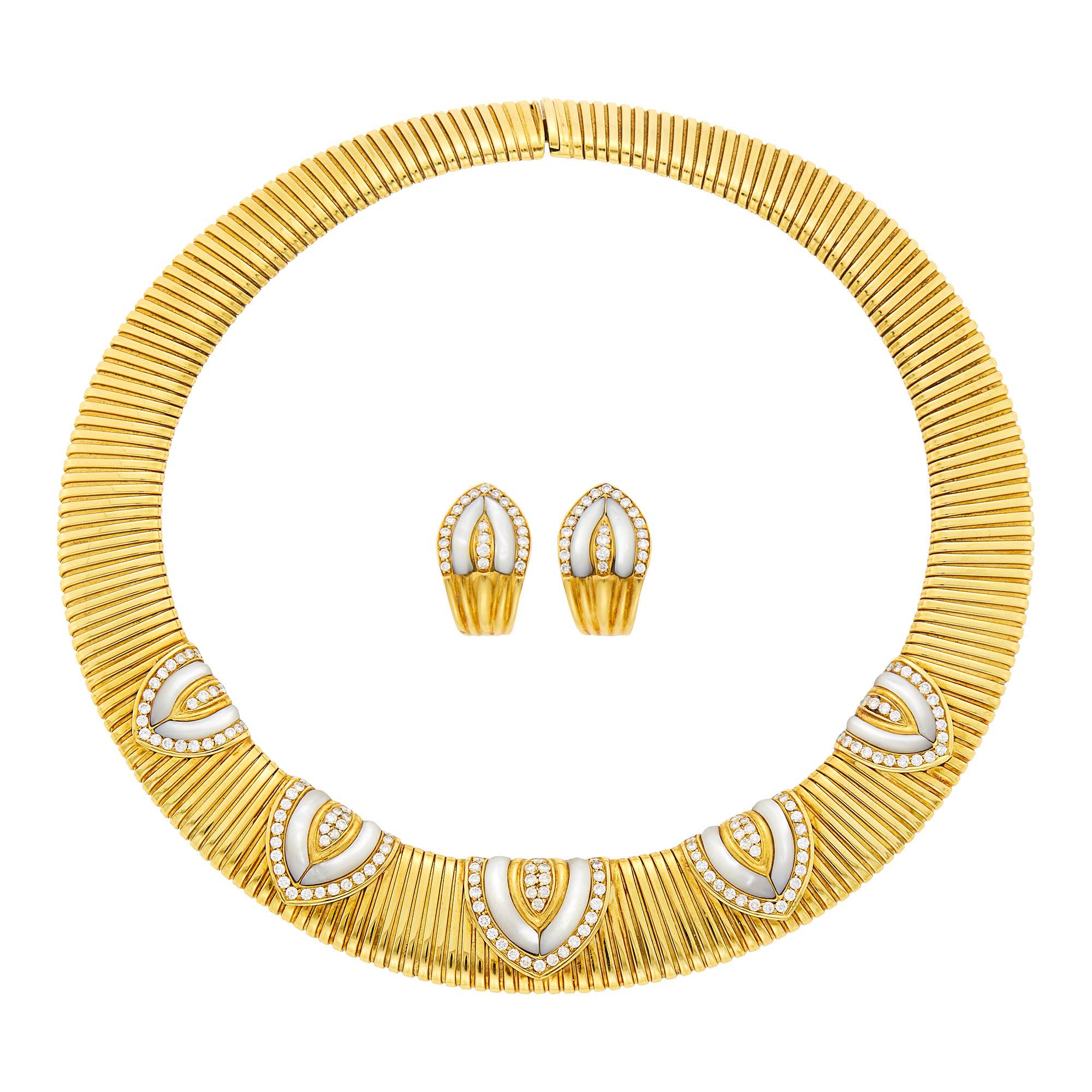 Lot image - Gold, Mother-of-Pearl and Diamond Snake Link Necklace and Pair of Earclips