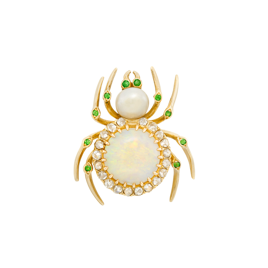 Lot image - Antique Gold, Opal, Freshwater Pearl, Diamond and Demantoid Garnet Spider Pendant-Brooch
