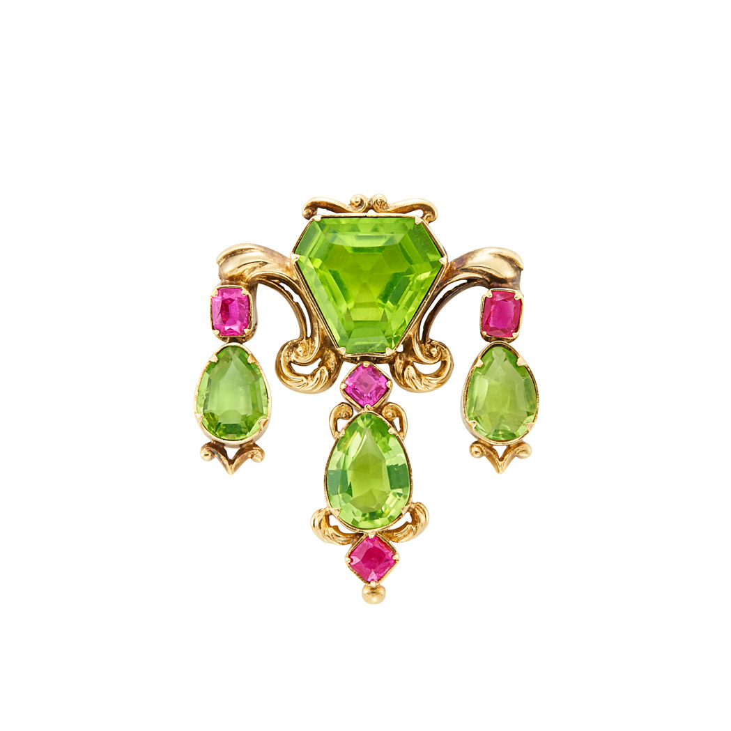 Lot image - Antique Gold, Peridot and Ruby Pendant-Brooch