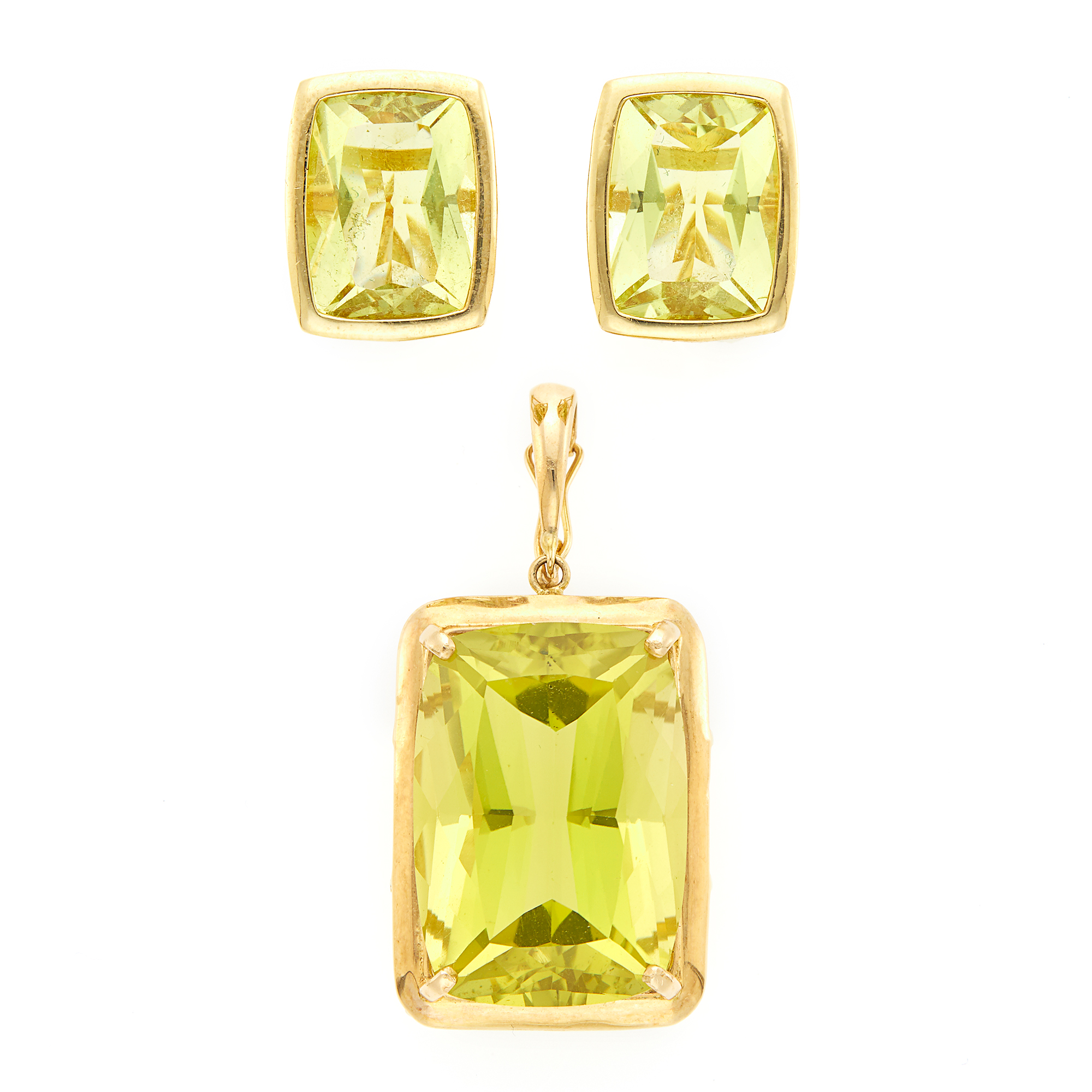 Lot image - Pair of Gold and Lemon Quartz Earclips and Pendant