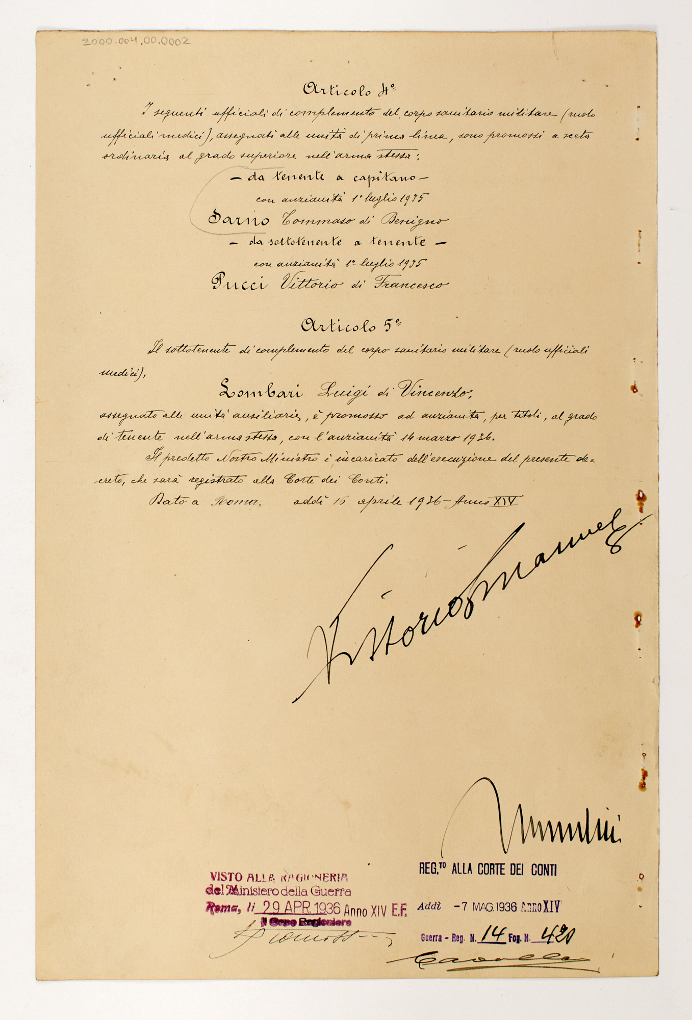 Lot image - MUSSOLINI, BENITO and KING VICTOR EMMANUEL III  Military document signed by the Italian King and Il Duce.