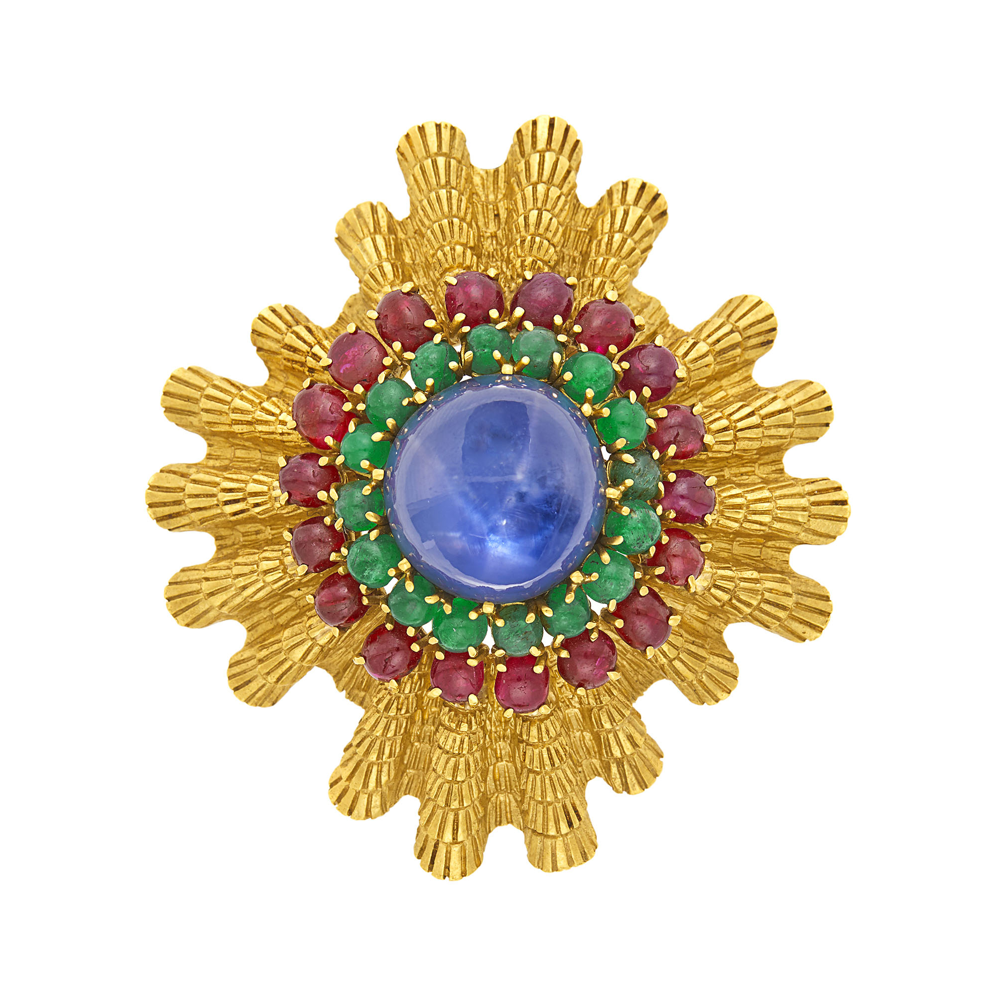 Lot image - David Webb Gold, Star Sapphire, Cabochon Ruby and Emerald Maltese Cross Clip-Brooch