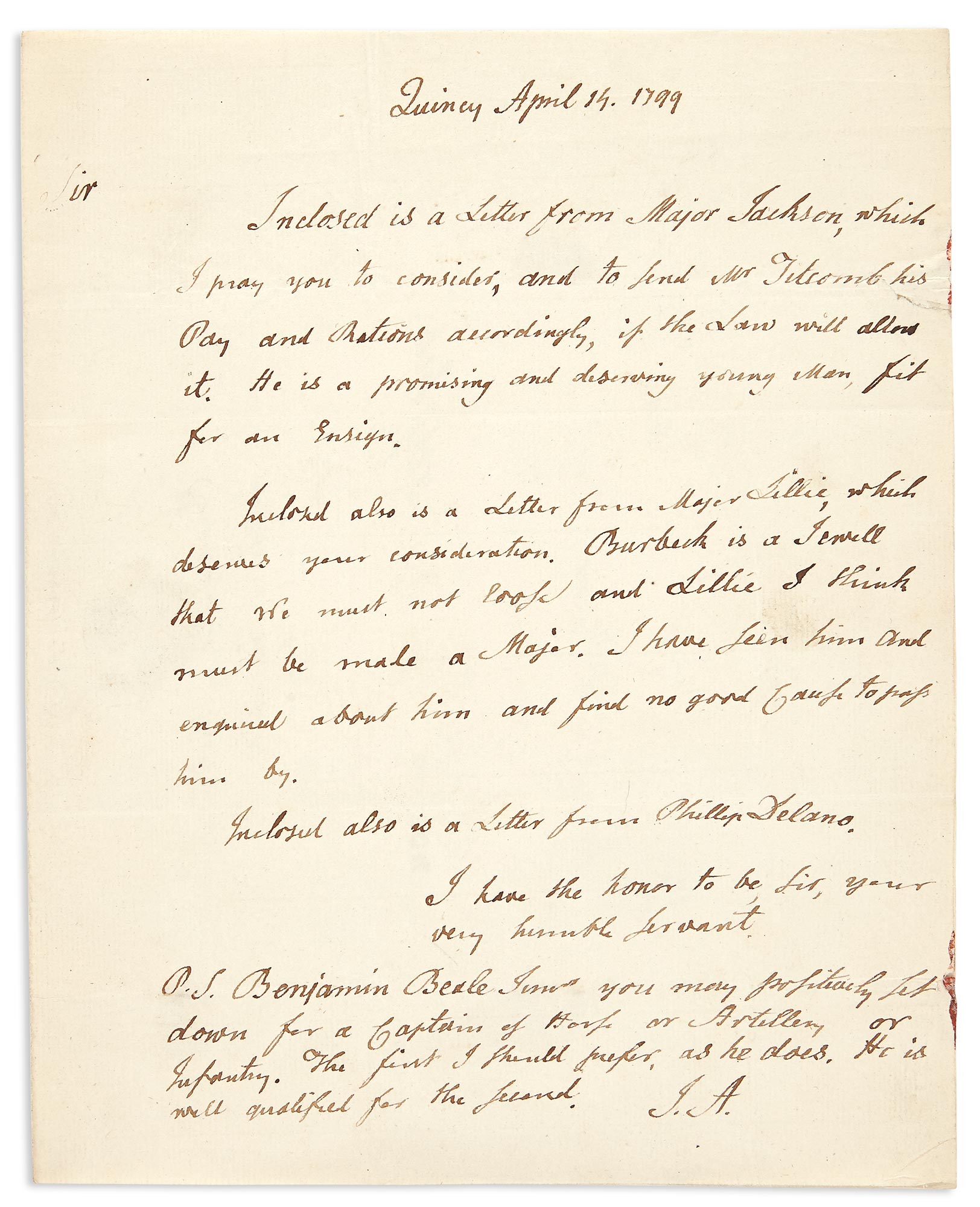 Lot image - ADAMS, JOHN  Autograph letter signed with initials as President to Secretary of War James McHenry.