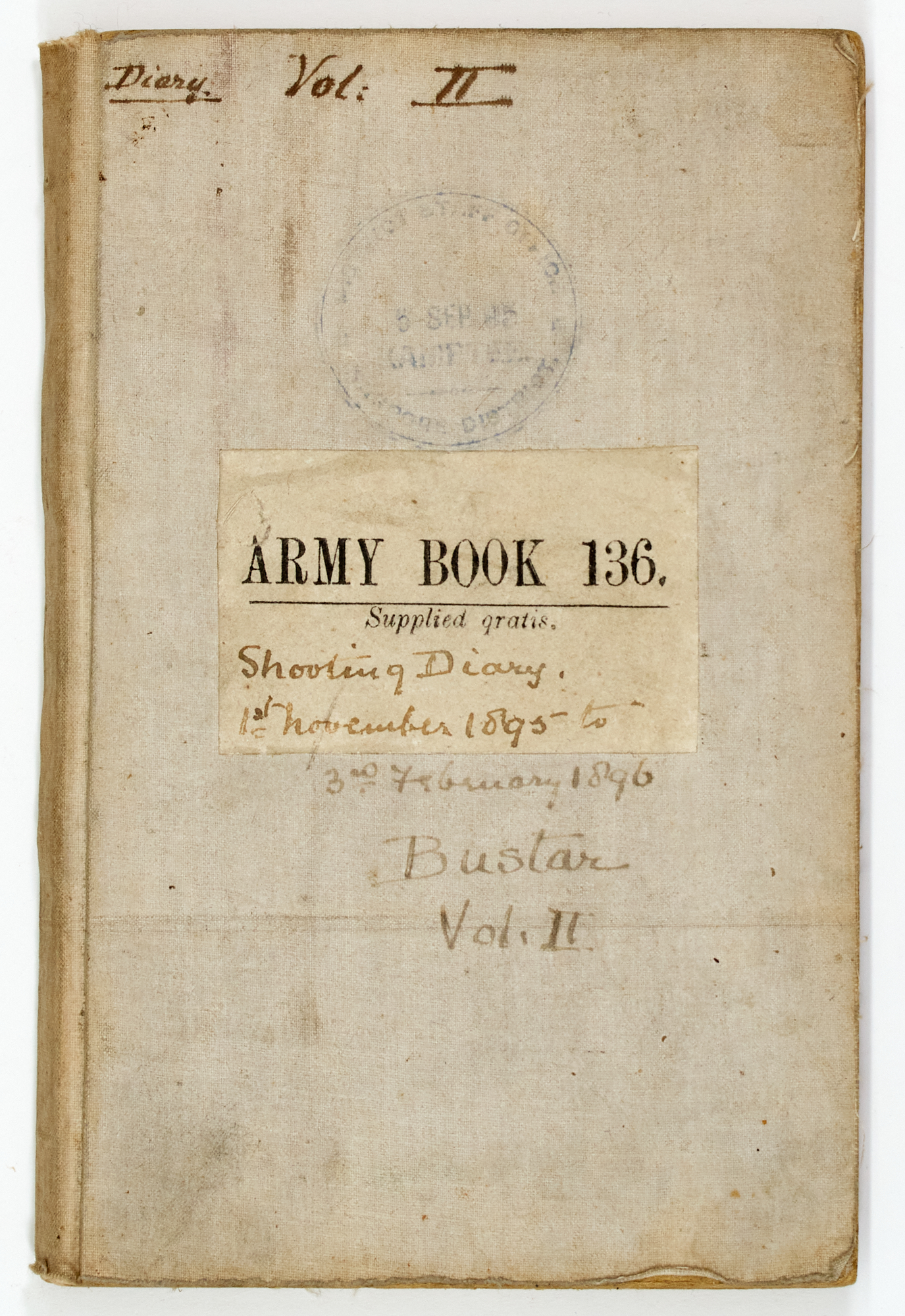 Lot image - [INDIA-HUNTING]  Shooting Diary 1 November 1895 to 3rd February 1896. Bustar Vol. II.