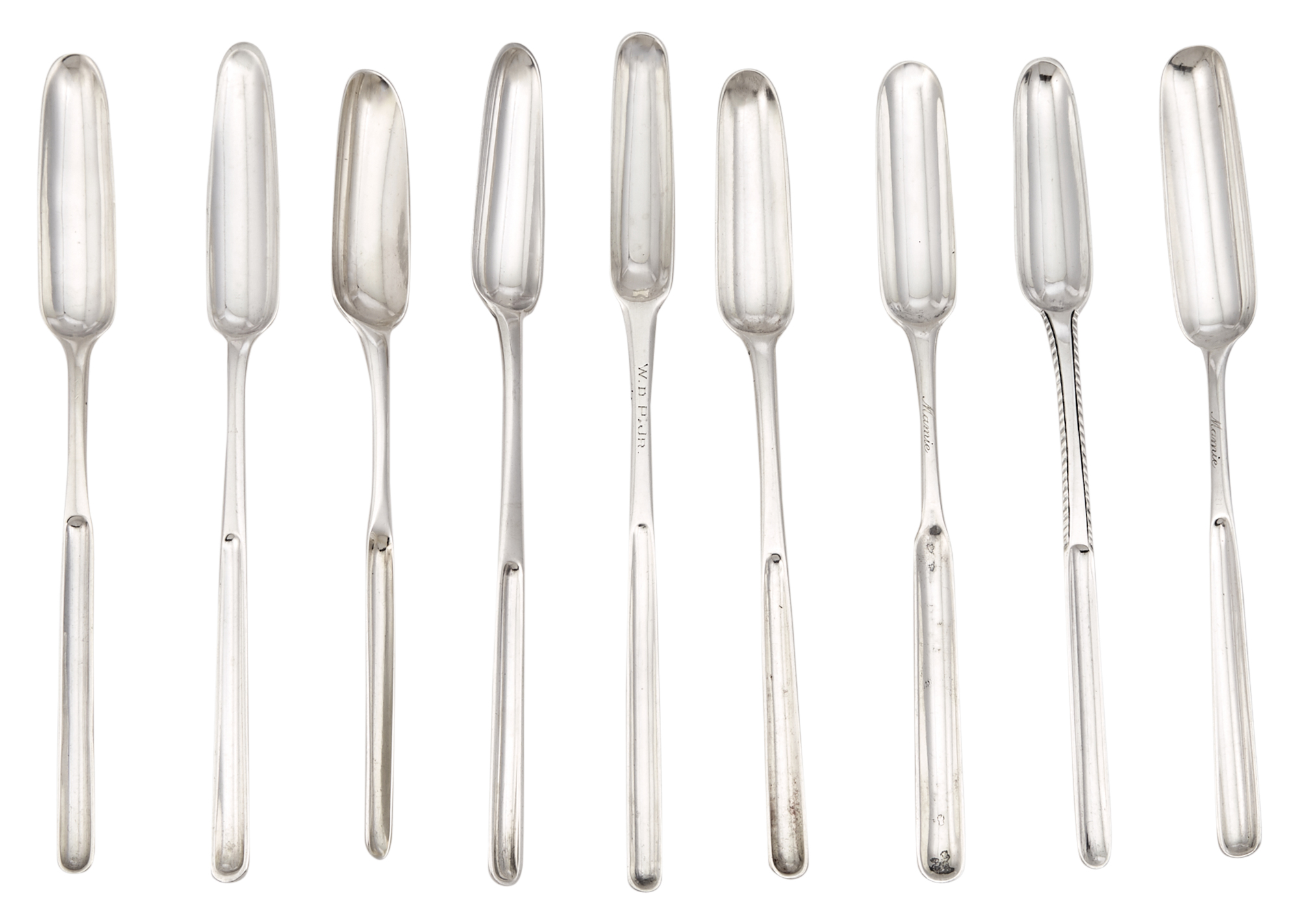 Lot image - Group of Nine George III Sterling Silver Marrow Scoops