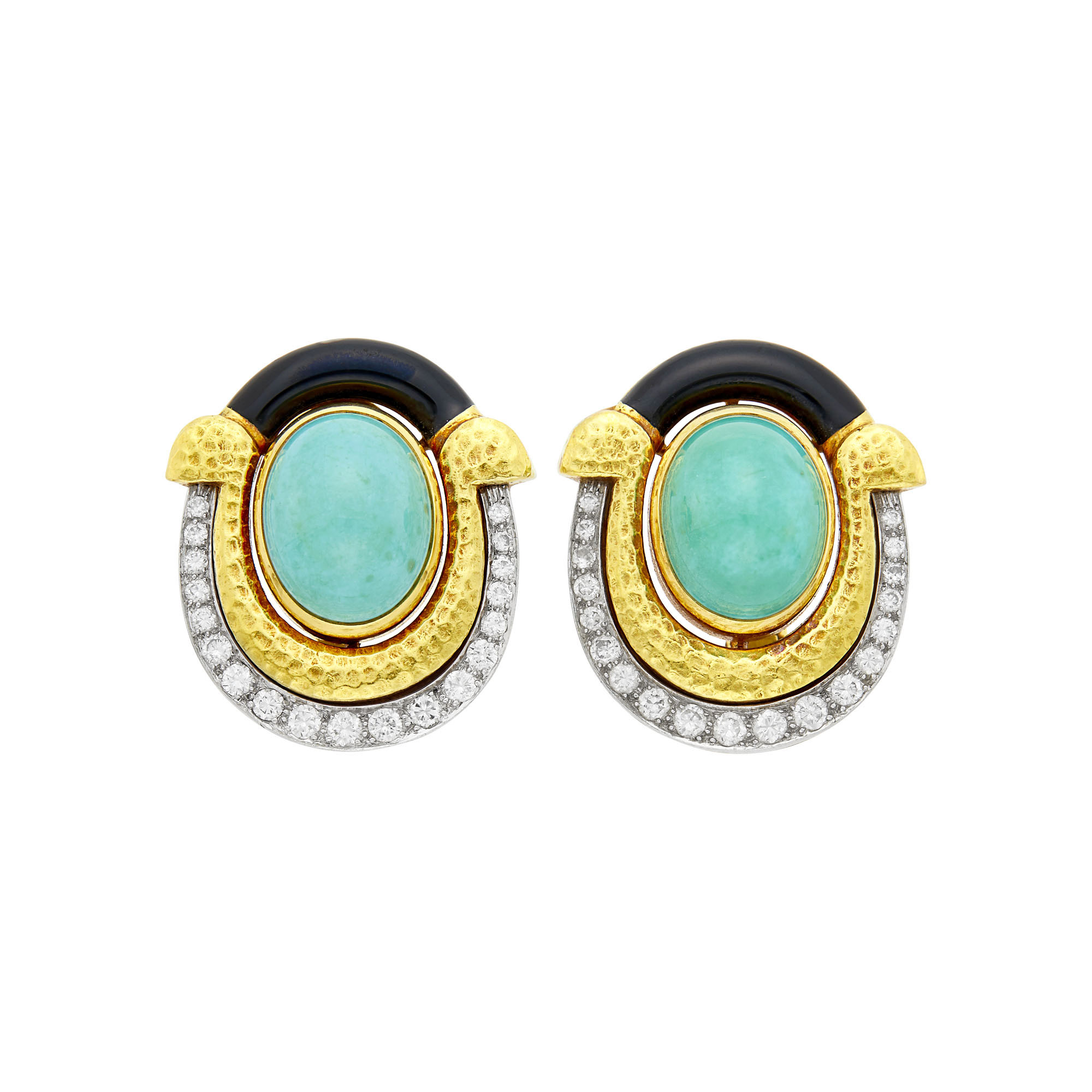 Lot image - David Webb Pair of Hammered Gold, Platinum, Turquoise, Diamond and Black Enamel Earclips
