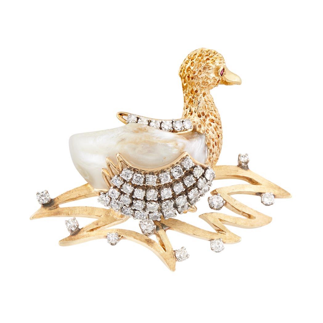 Lot image - Two-Color Gold, Freshwater Pearl and Diamond Duck Brooch