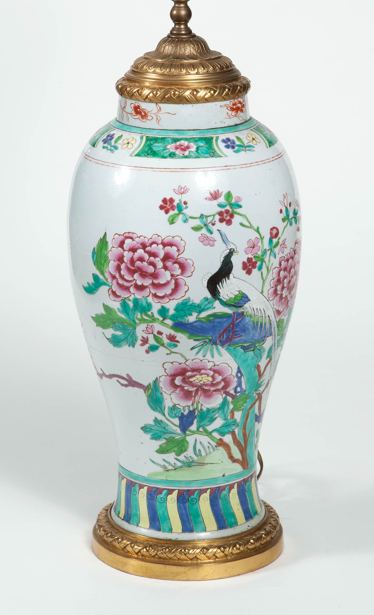 Lot image - Chinese Export Famille Rose Porcelain and Gilt-Bronze Mounted Vase Mounted as a Lamp