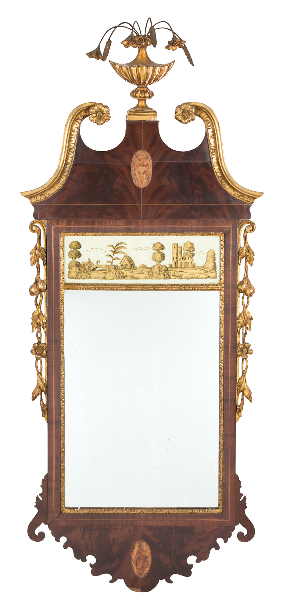 Lot image - Federal Style Parcel Gilt and Inlaid Mahogany and Eglomise Mirror