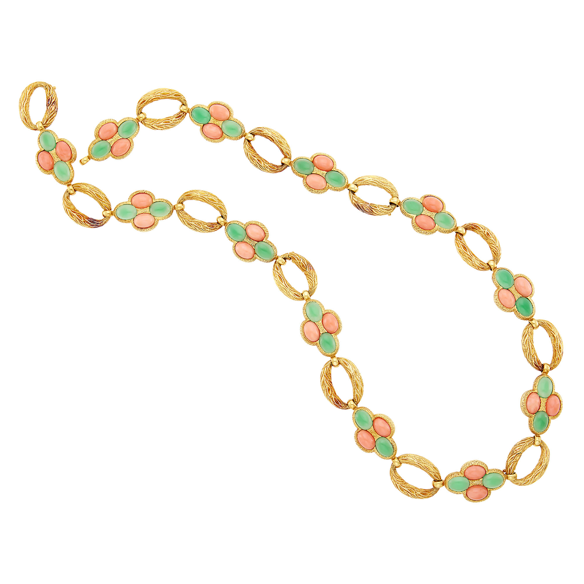 Lot image - Van Cleef & Arpels Gold, Coral and Green Chrysoprase Necklace/Bracelets Combination, France