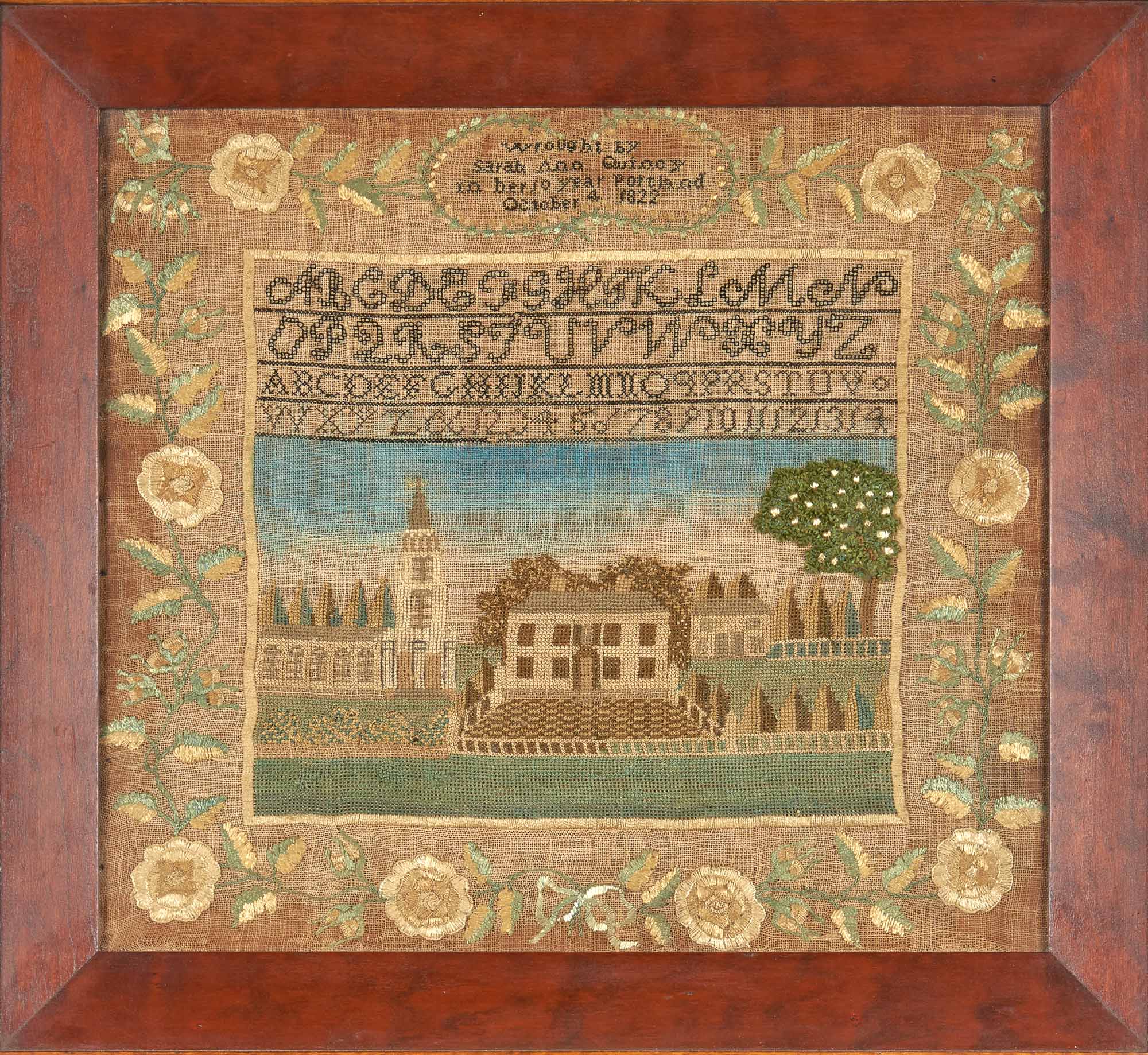 Lot image - Silk-on-Linen Pictorial Sampler