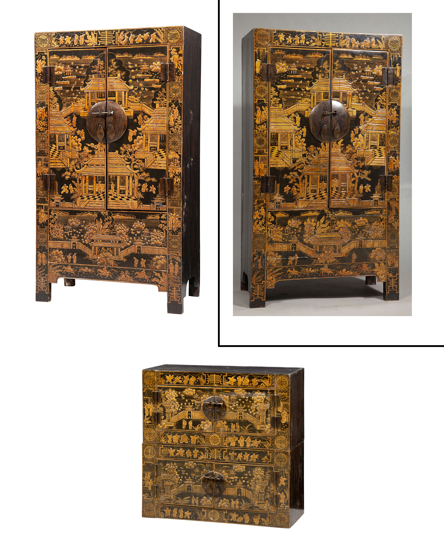 Lot image - Two Large Chinese Style Parcel Gilt and Black Lacquer Cabinets
