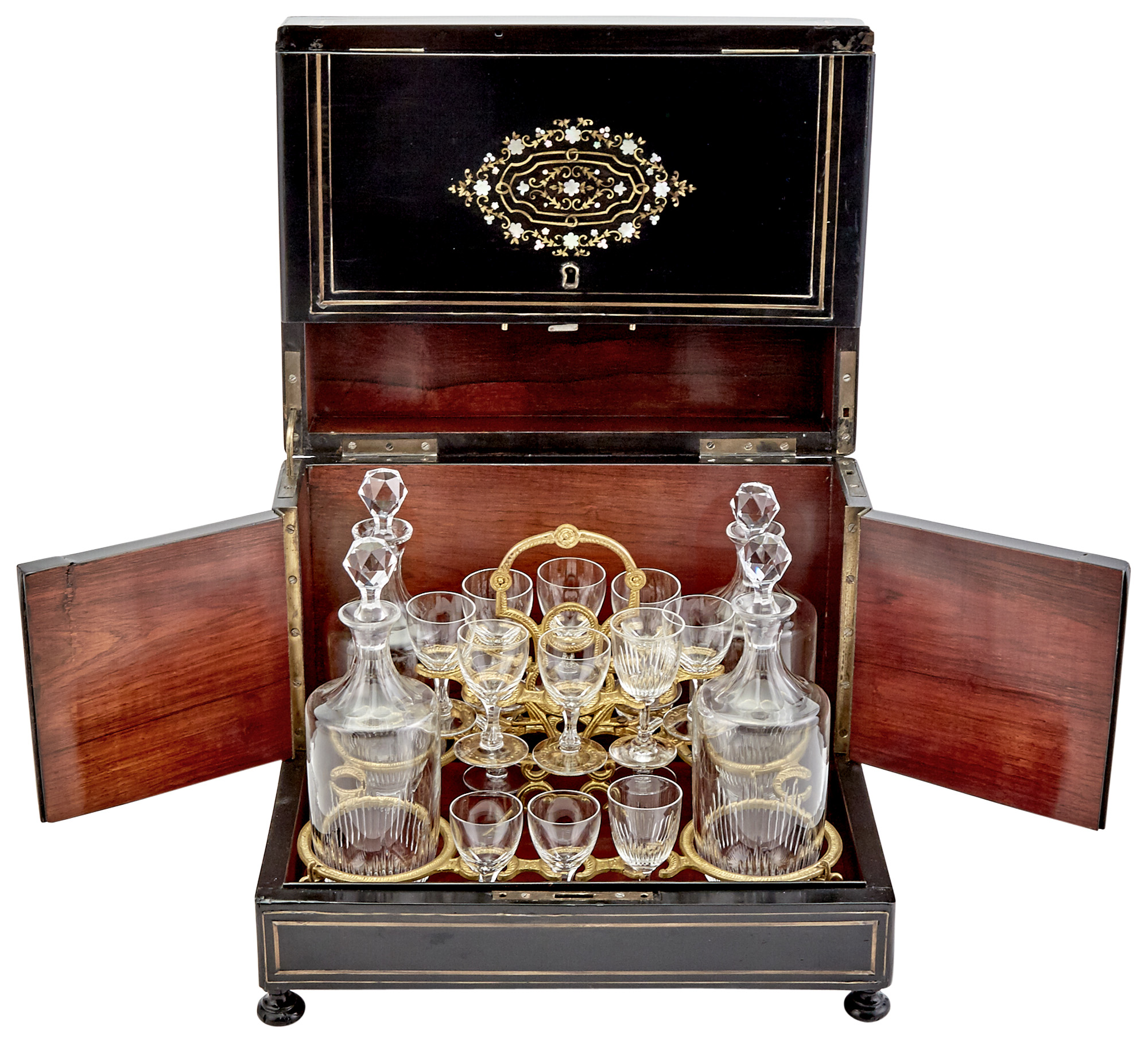 Lot image - Victorian Ebonized, Brass and Mother-of-Pearl Inlaid Cave à Liqueur