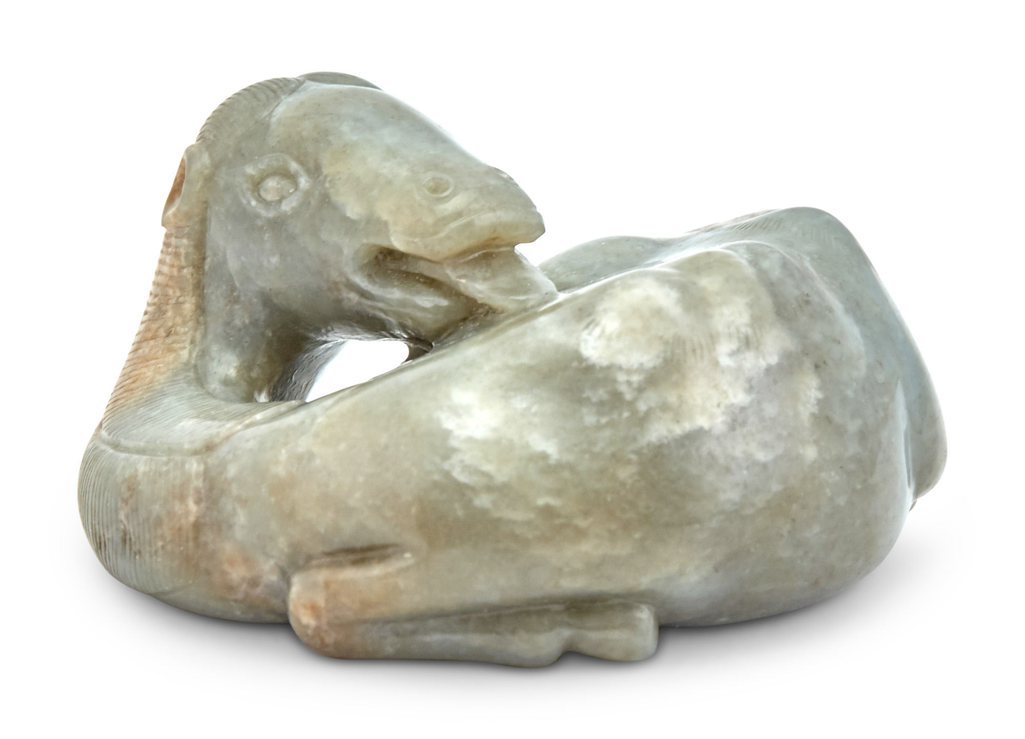 Lot image - A Rare and Early Chinese Jade Carving of a Coiled Recumbent Camel