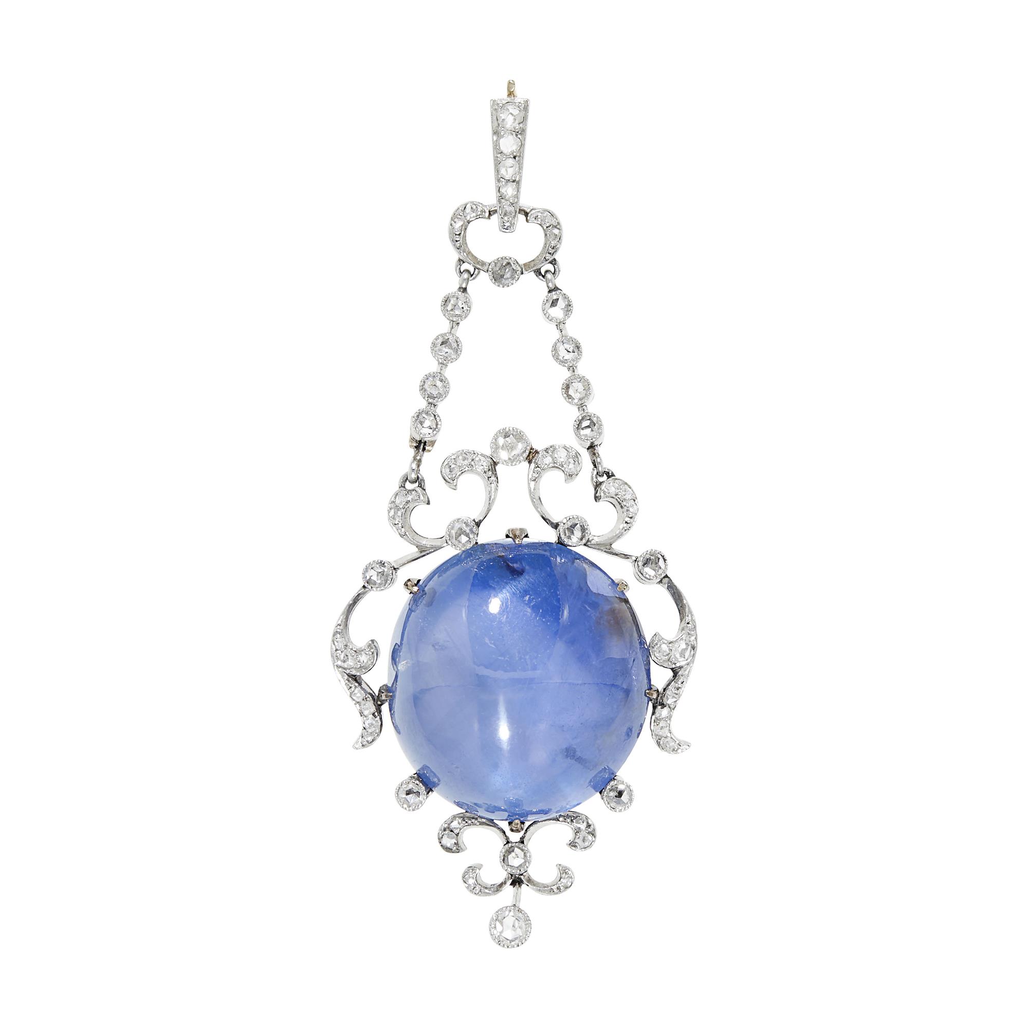 Lot image - Belle Époque Platinum, Gold, Star Sapphire and Diamond Pendant