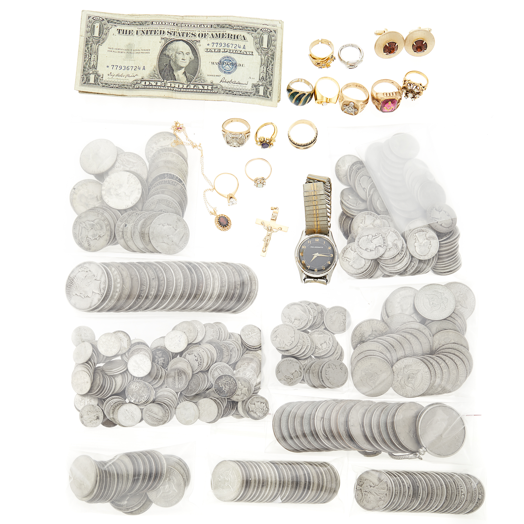 Lot image - Group of United States and Foreign Metal Coins and Banknotes, Group of Gold, Gold-Filled and Costume Jewelry