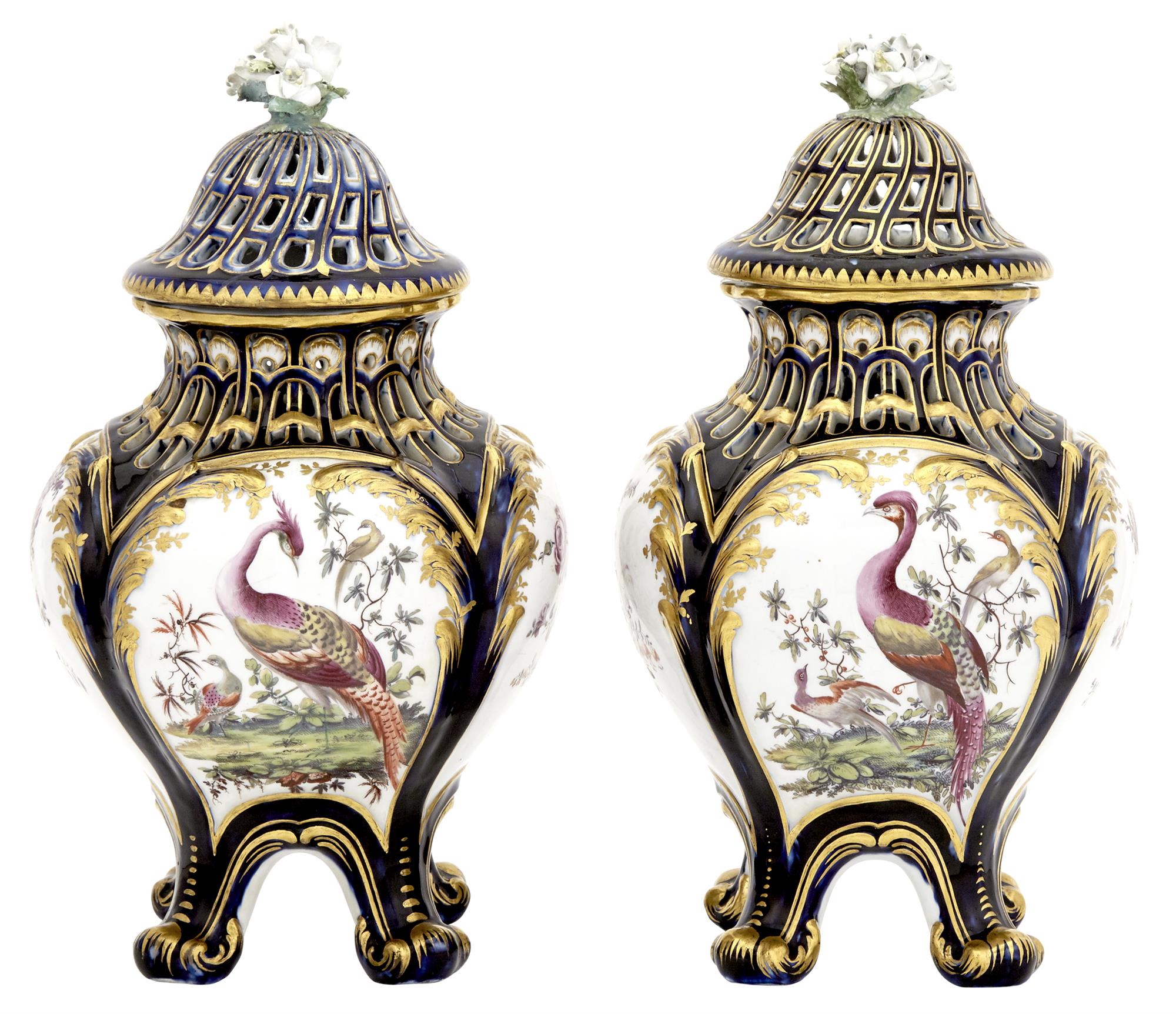 Lot image - Pair of Chelsea Porcelain Mazarine-Blue Ground Pot-Pourri Vases and Covers