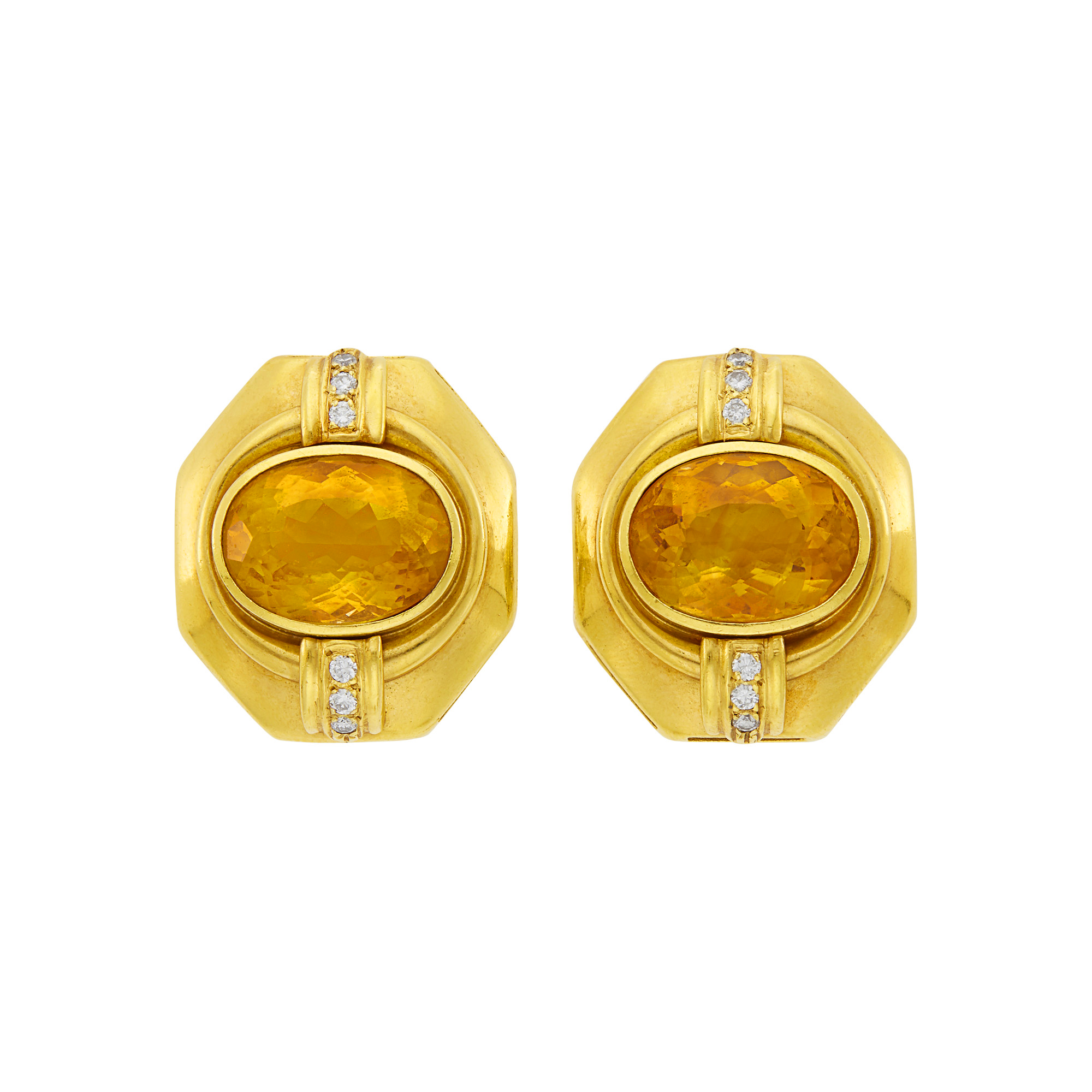 Lot image - Pair of Gold, Citrine and Diamond Earclips