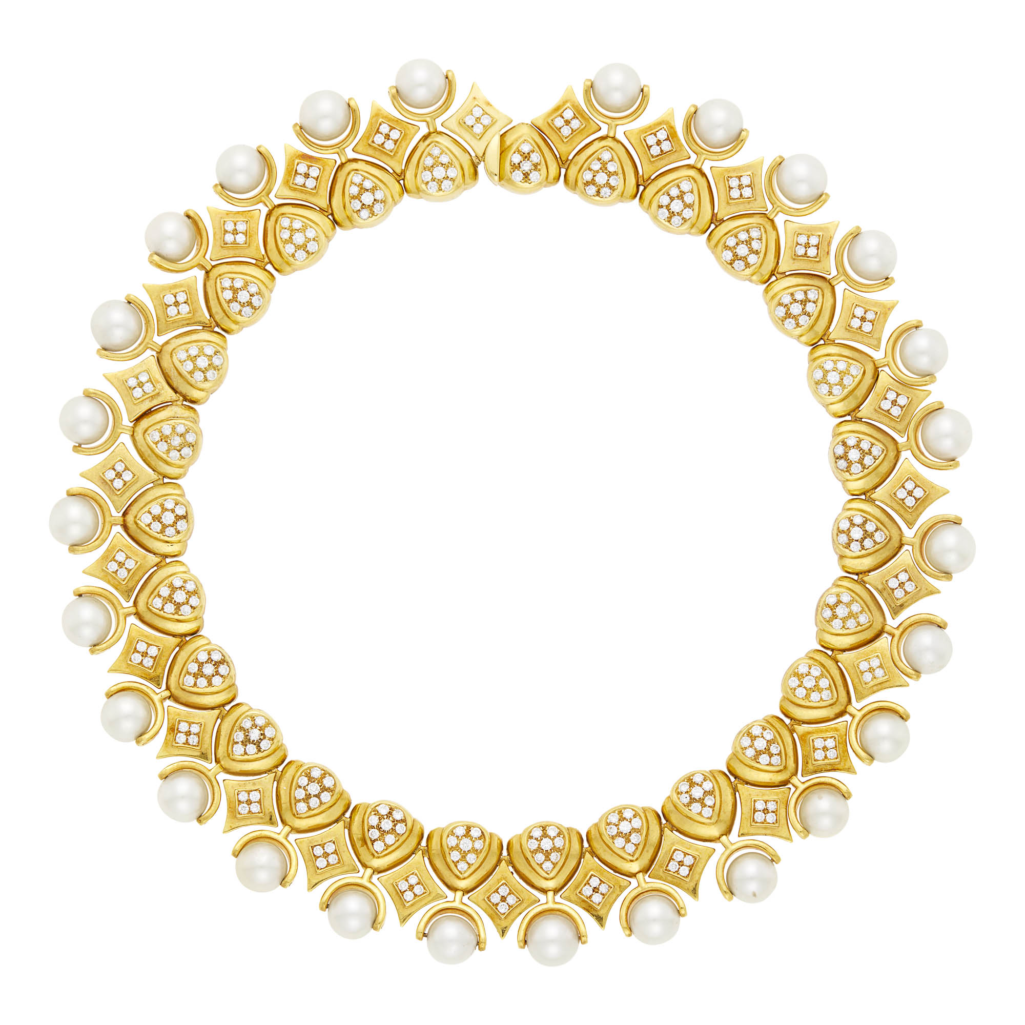Lot image - Gold, Diamond and Cultured Pearl Necklace