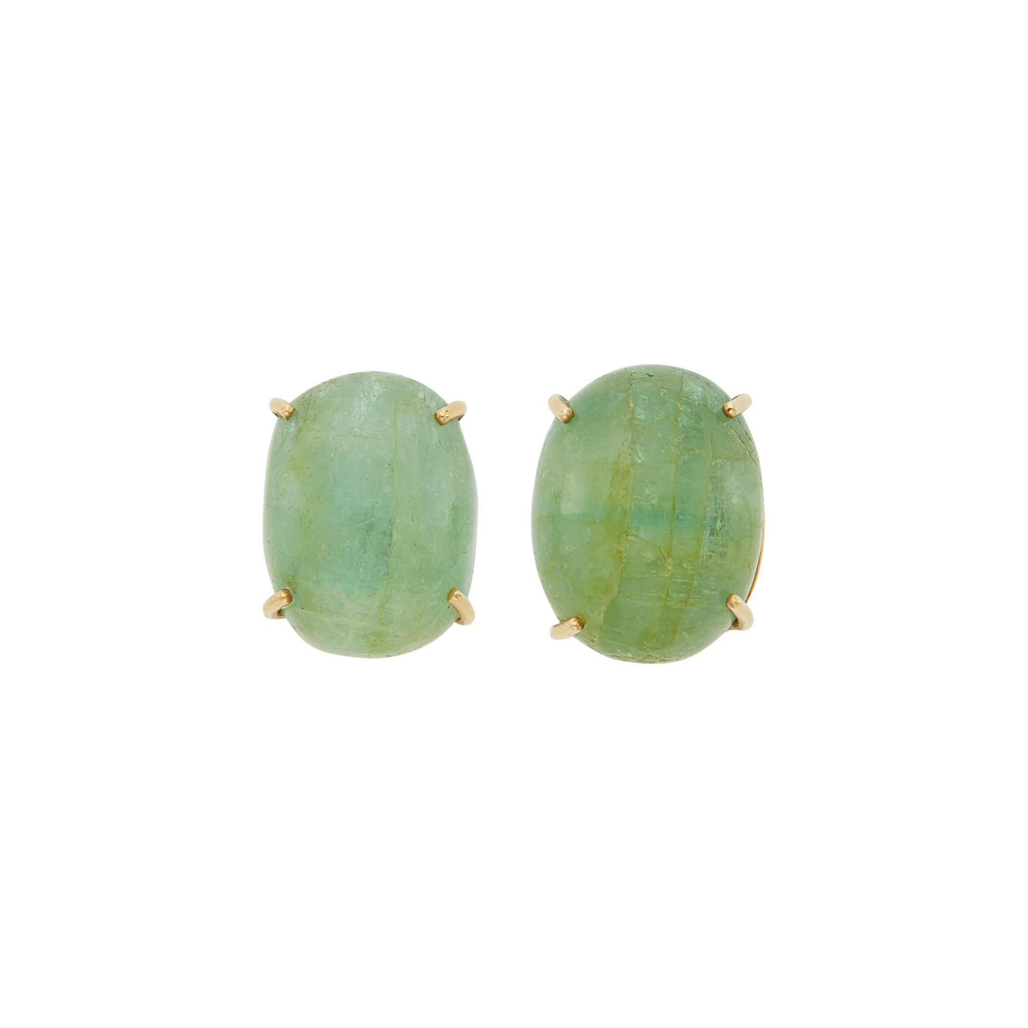 Lot image - Seaman Schepps Pair of Gold and Cabochon Emerald Earclips