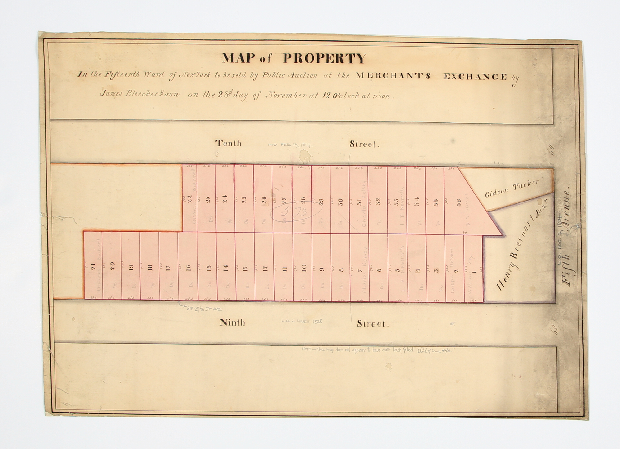 Lot image - [AUCTION MAP - GREENWICH VILLAGE]  BLEEKER & SON, JAMES. Map of Property in the Fifteenth Ward of New York to be Sold by Public Auction at the Merchants Exchange.