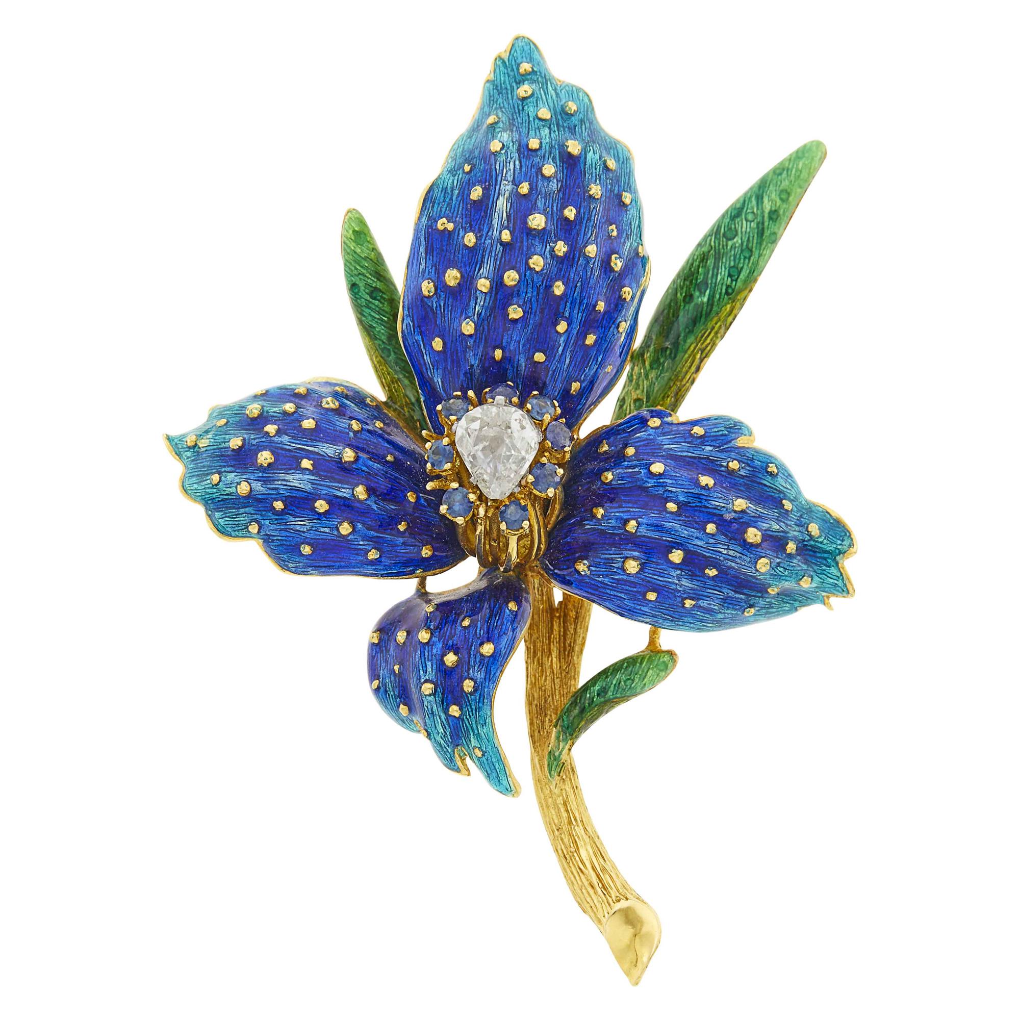 Lot image - Gold, Blue and Green Enamel and Diamond Iris Clip-Brooch