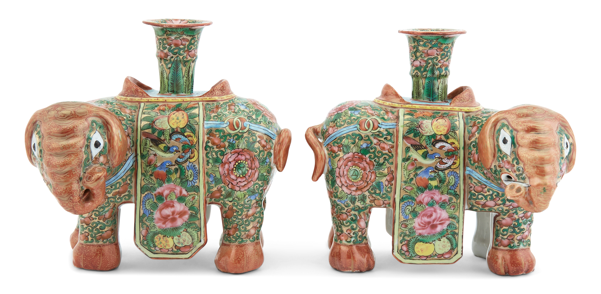 Lot image - A Pair of Chinese Export Porcelain Elephant-Form Candle Holders