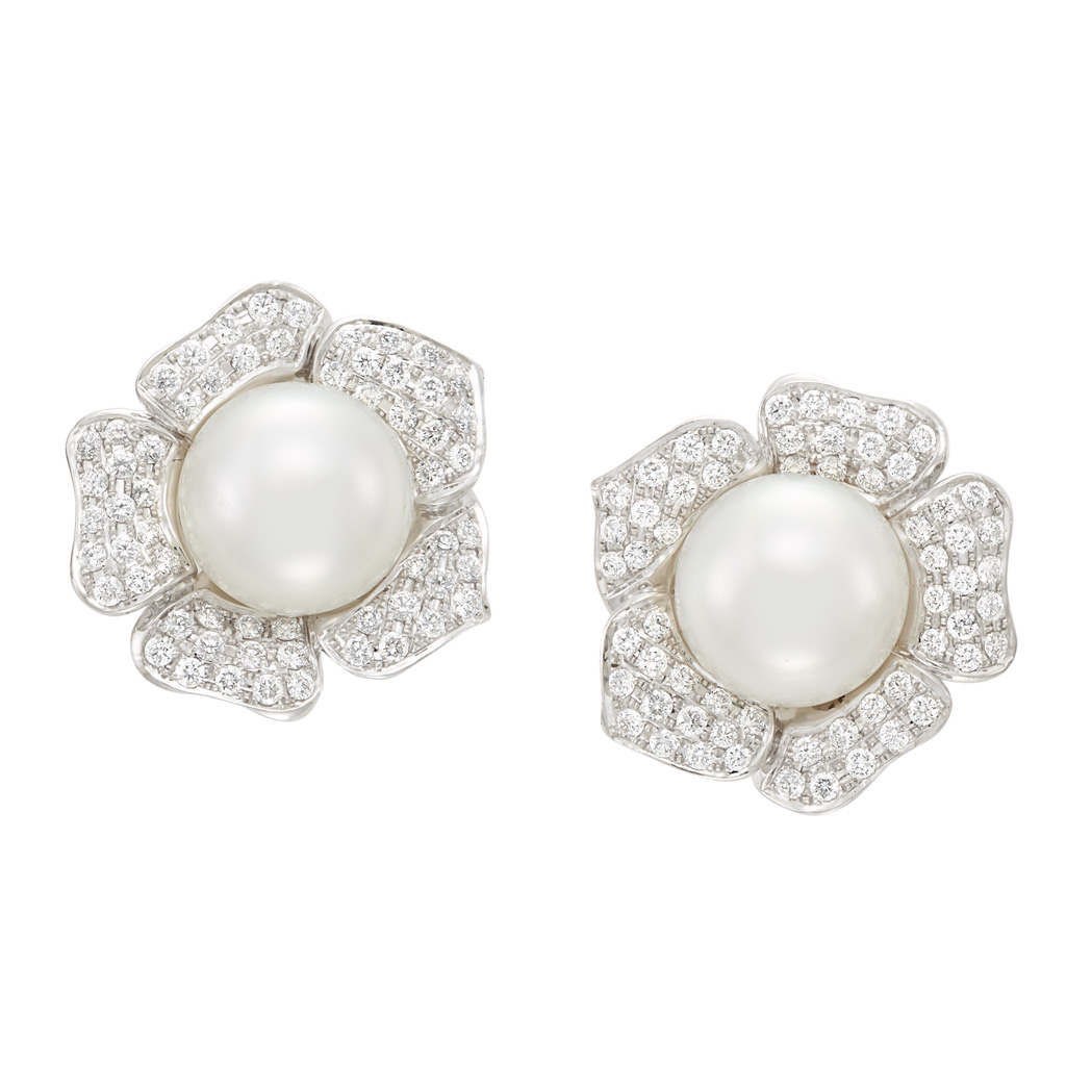 Lot image - Pair of White Gold, South Sea Cultured Pearl and Diamond Flower Earrings